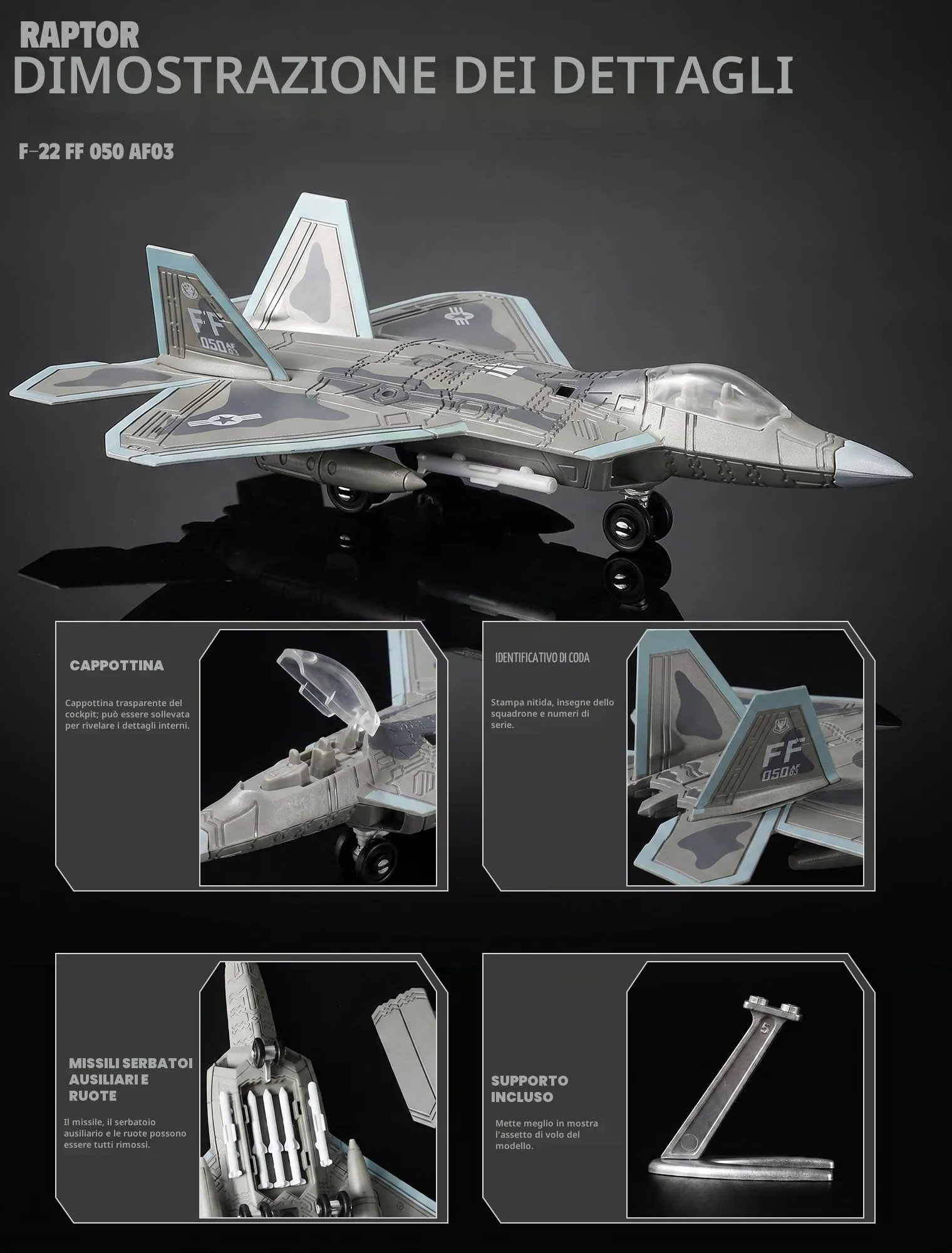 SEBUNAS F-22 Raptor Jet Modello di Costruzione Rapida Kit Aereo Militare in Plastica con Supporto (22 Pezzi) - immagine 4