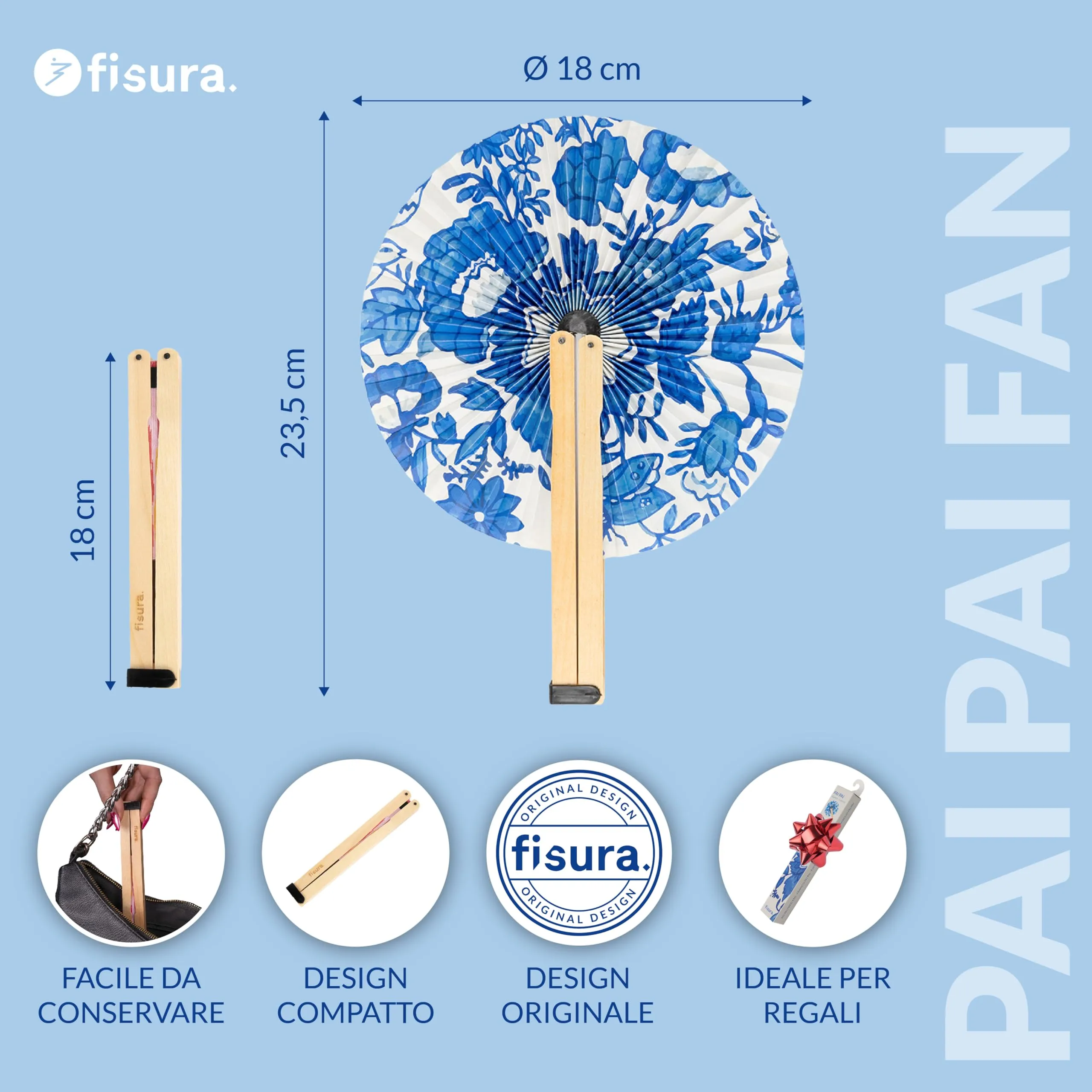 Fisura Ventaglio Pieghevole in Carta con Fiori Blu - immagine 2