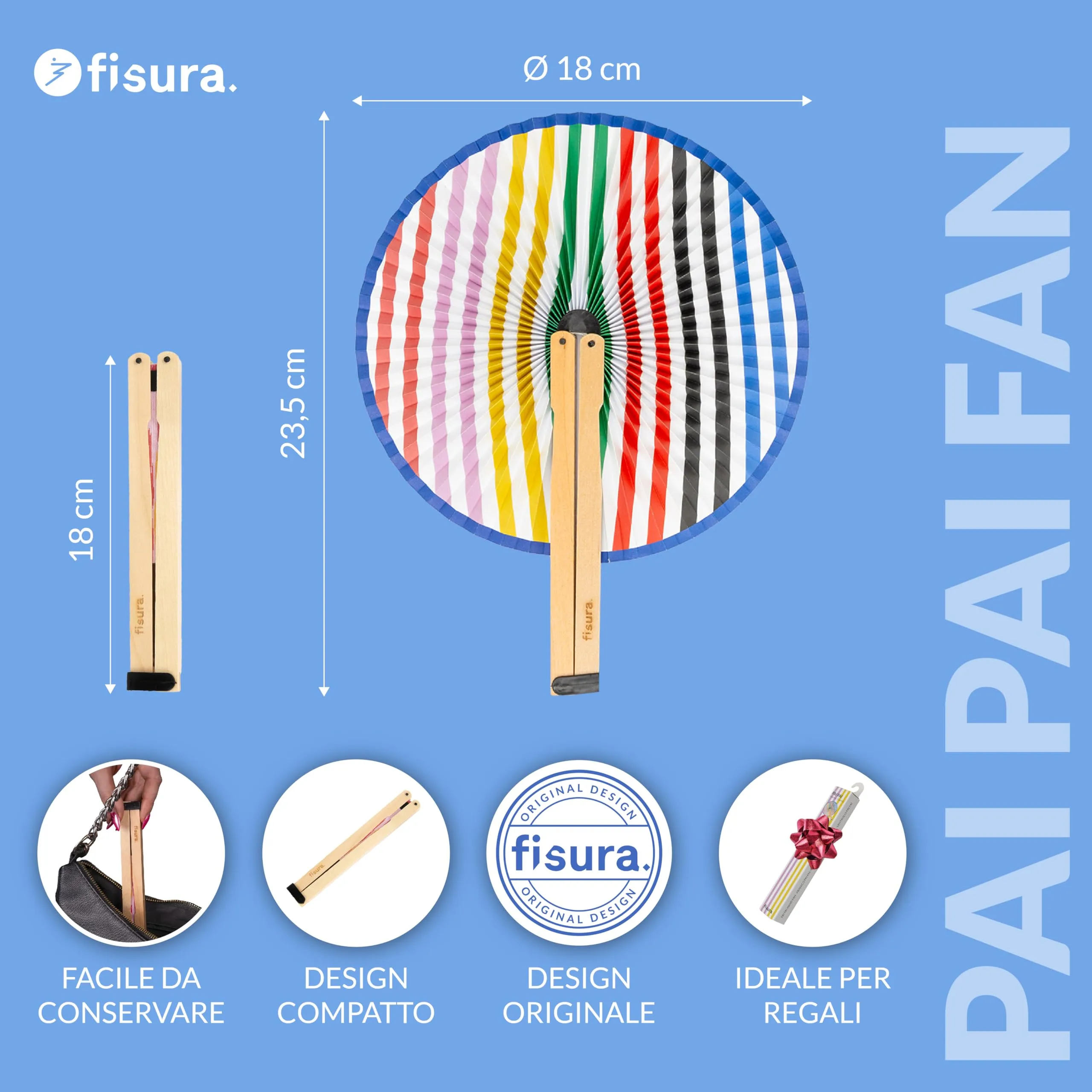 Fisura Ventaglio Pieghevole a Righe Multicolori in Carta, Set da 3 Pezzi - immagine 2
