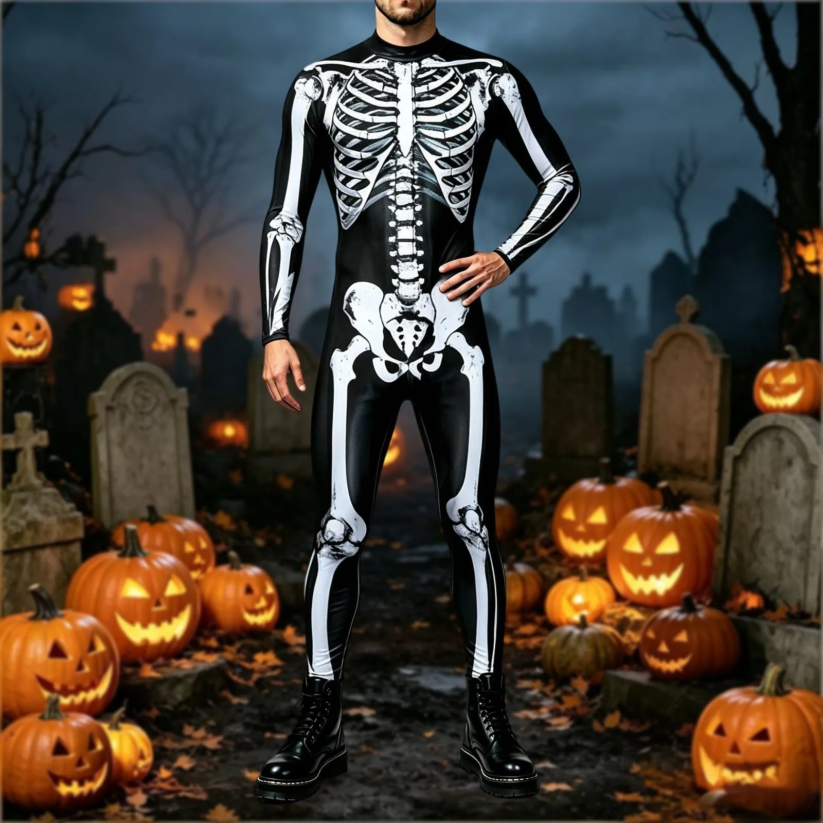 Vhersily Tuta da Donna Scheletro di Halloween Leggings Slim Fit Costume Cosplay Stampato in 3D - immagine 2