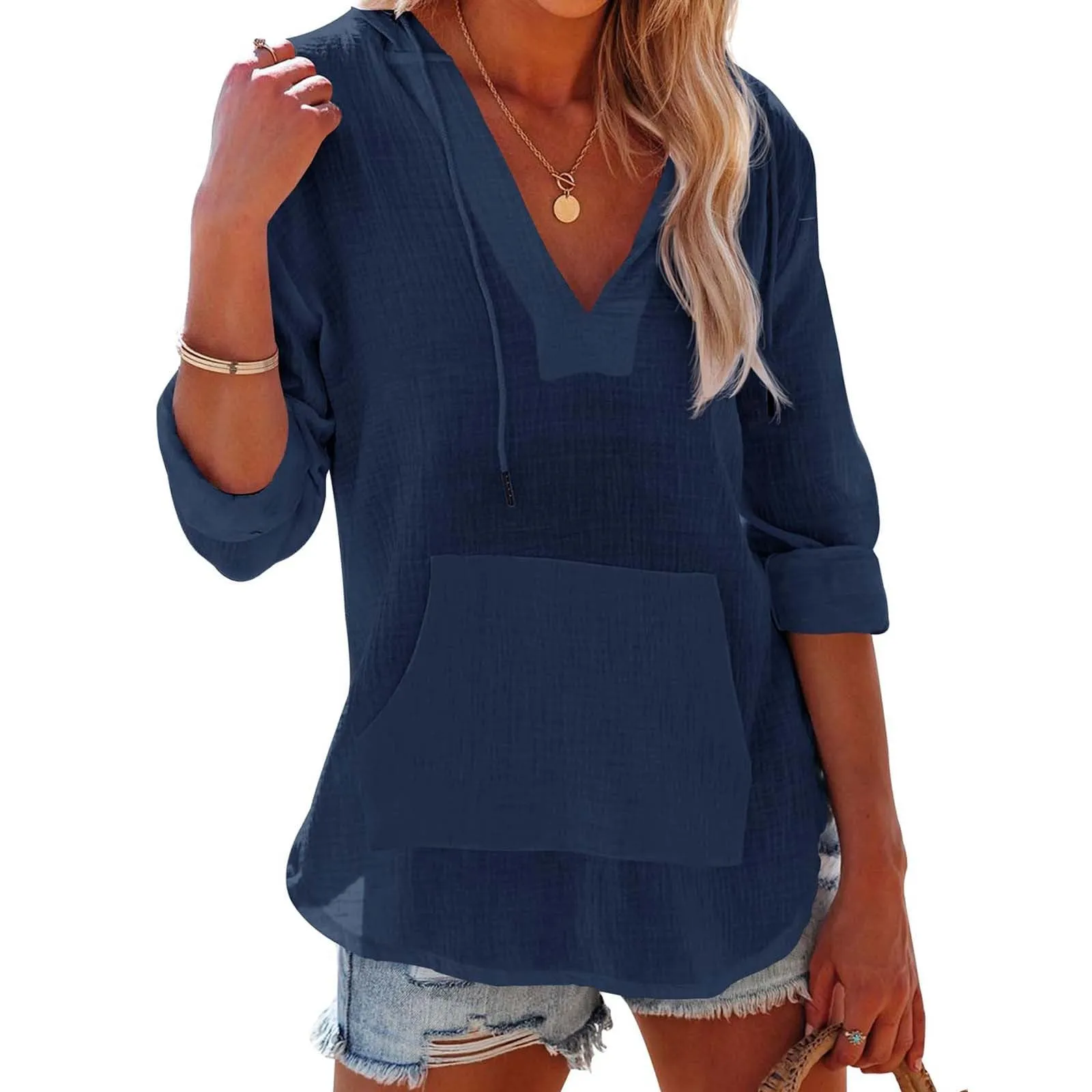 Cocila Maglietta da Donna in Cotone e Lino con Cappuccio, Maniche Lunghe, Scollo a V e Tasca (Navy, XXL) - immagine 2