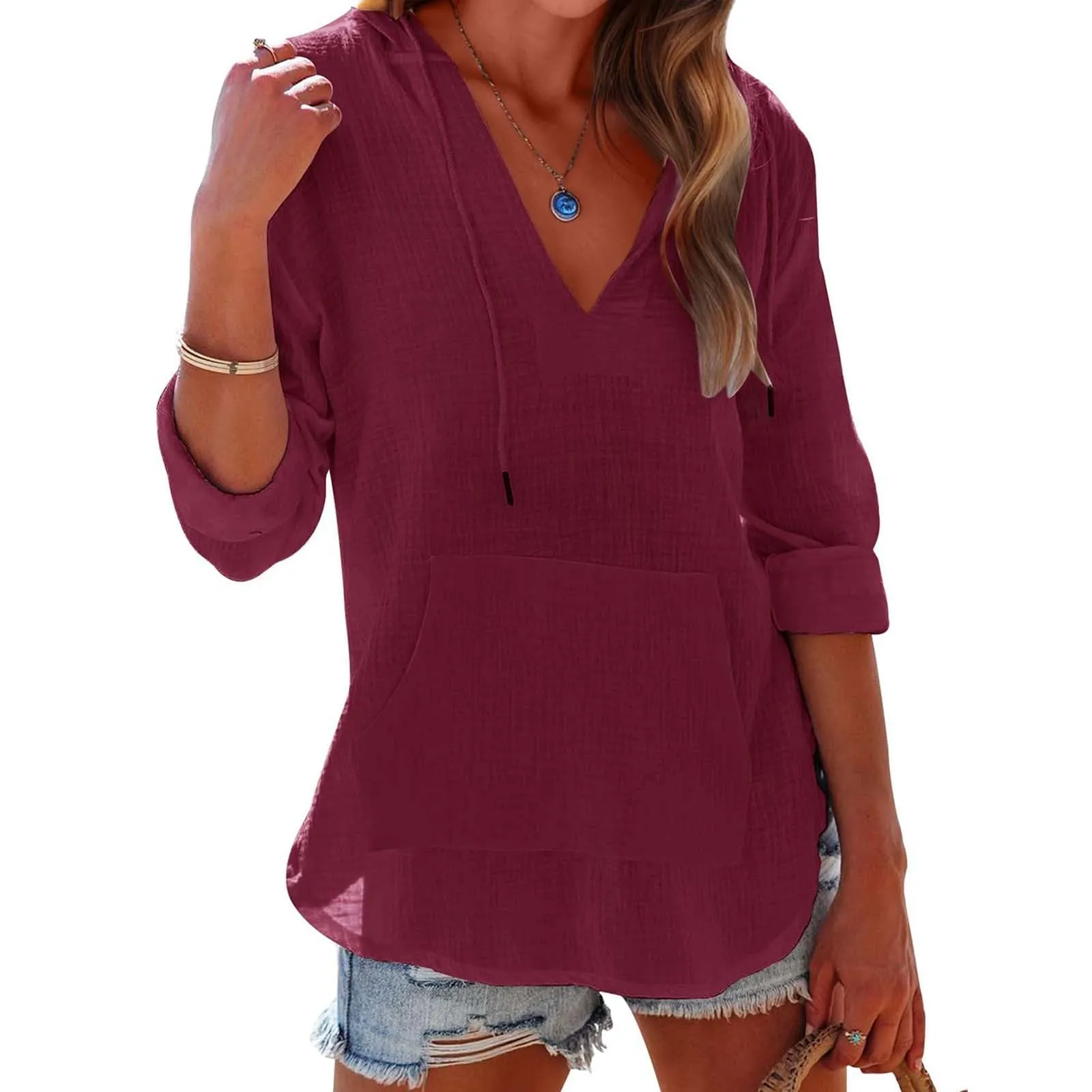 Cocila Maglietta da Donna in Cotone e Lino con Cappuccio, Maniche Lunghe e Scollo a V, Wine, L - immagine 2