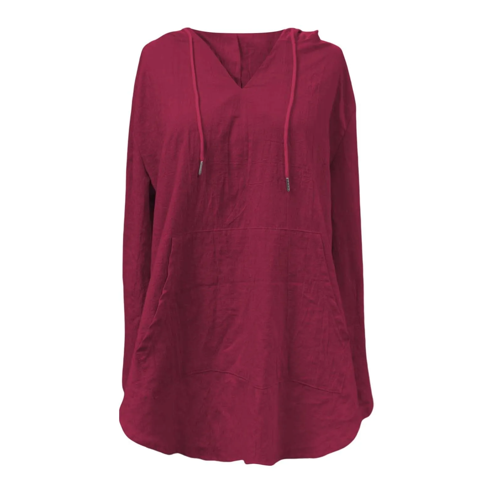 Cocila Maglietta da Donna in Cotone e Lino con Cappuccio, Maniche Lunghe e Scollo a V, Wine, L - immagine 4
