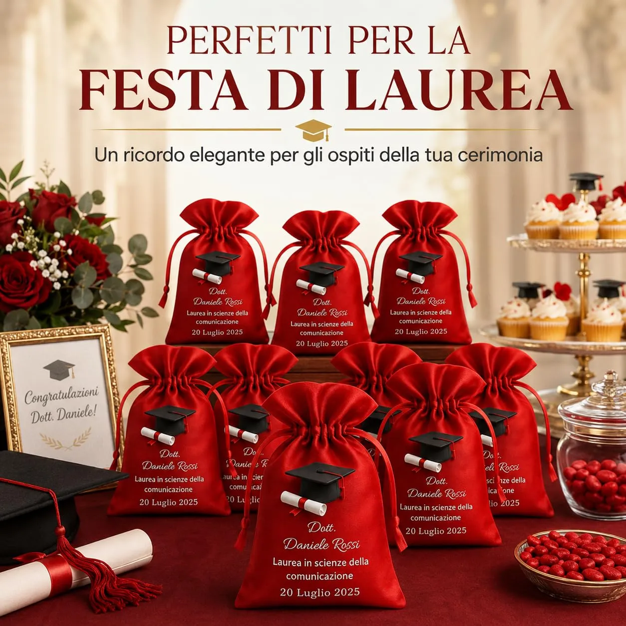 Cormar Sacchetti Laurea Personalizzati in Raso Premium, Rosso, 12 Pezzi - Stampa Tocco e Pergamena - immagine 2