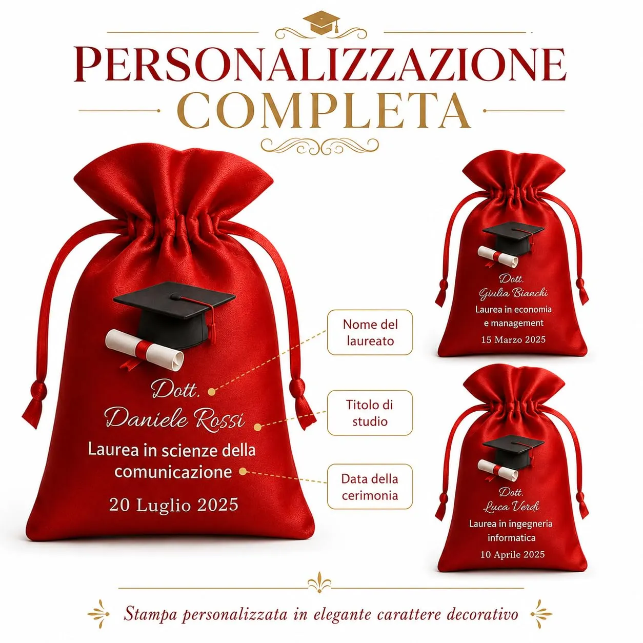 Cormar Sacchetti Laurea Personalizzati in Raso Premium, Rosso, 12 Pezzi - Stampa Tocco e Pergamena - immagine 3