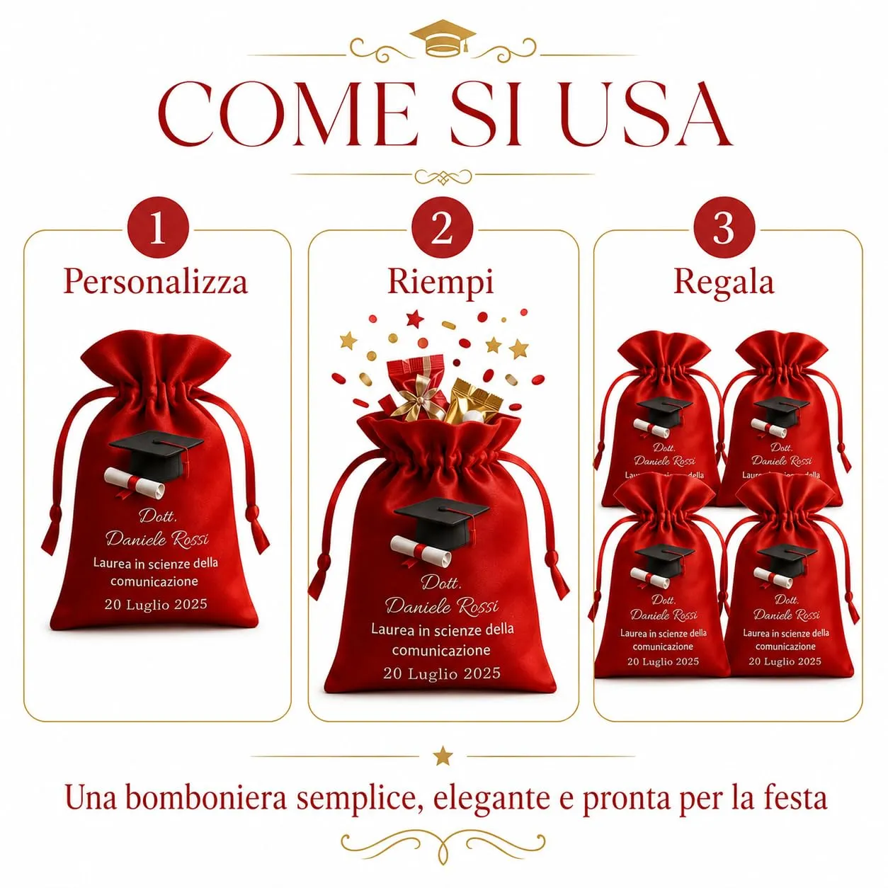 Cormar Sacchetti Laurea Personalizzati in Raso Premium, Rosso, 12 Pezzi - Stampa Tocco e Pergamena - immagine 4