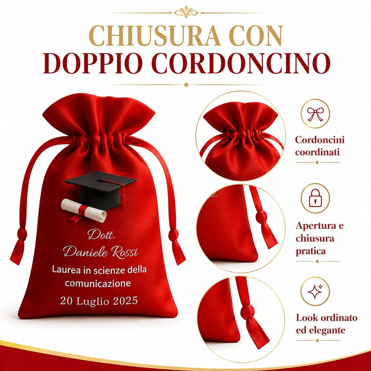 Cormar Sacchetti Laurea Personalizzati in Raso Premium, Rosso, 12 Pezzi - Stampa Tocco e Pergamena - immagine 6