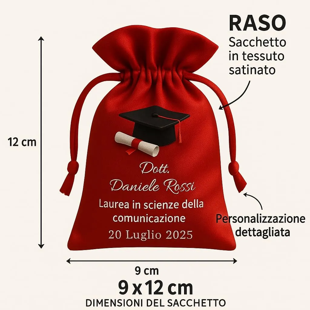 Cormar Sacchetti Laurea Personalizzati in Raso Premium, Rosso, 12 Pezzi - Stampa Tocco e Pergamena - immagine 7