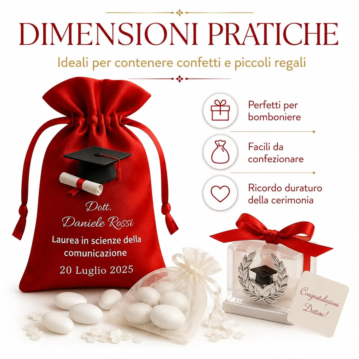 Cormar Sacchetti Laurea Personalizzati in Raso Premium, Rosso, 12 Pezzi - Stampa Tocco e Pergamena - immagine 8