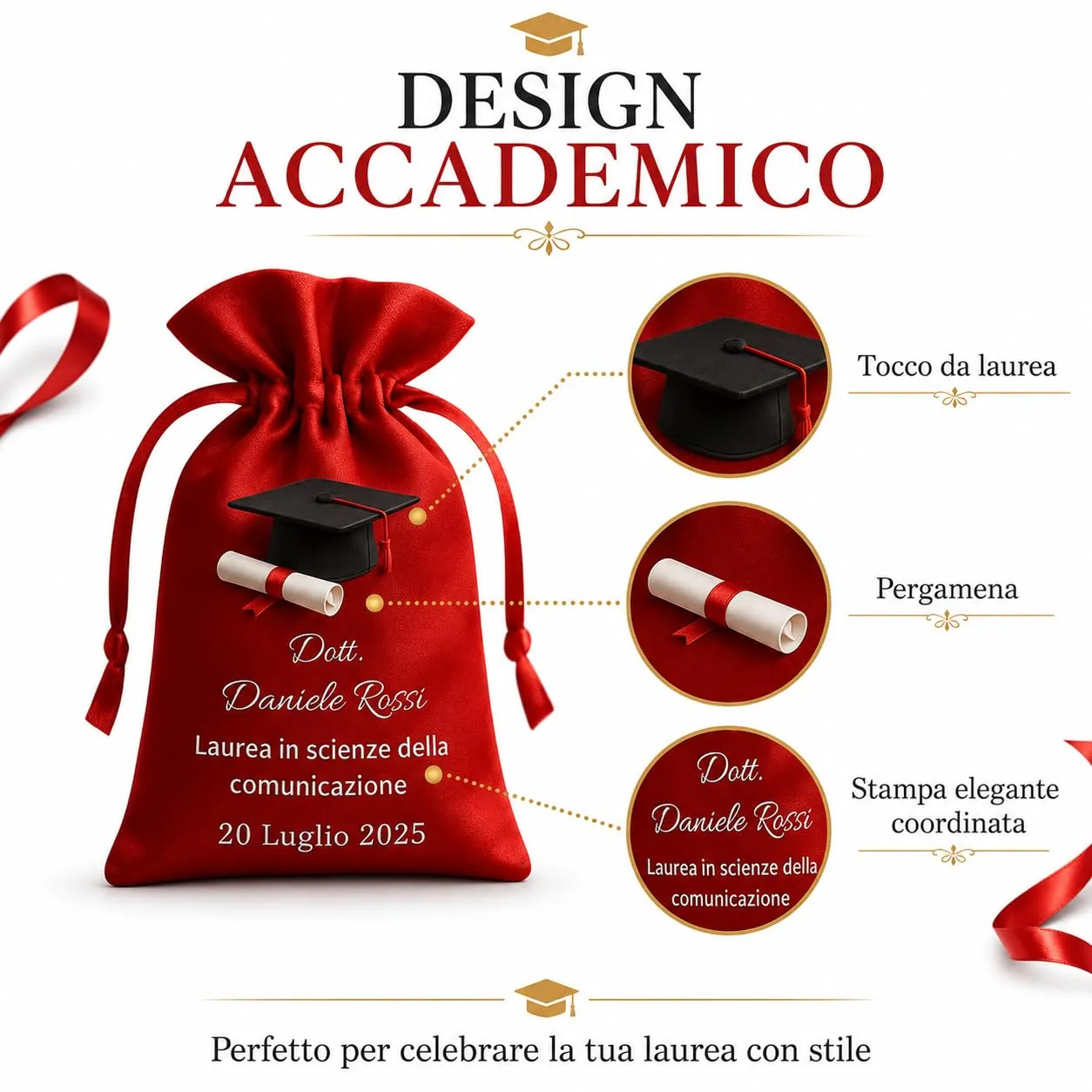 Cormar Sacchetti Laurea Personalizzati in Raso Premium, Rosso, 12 Pezzi - Stampa Tocco e Pergamena - immagine 9