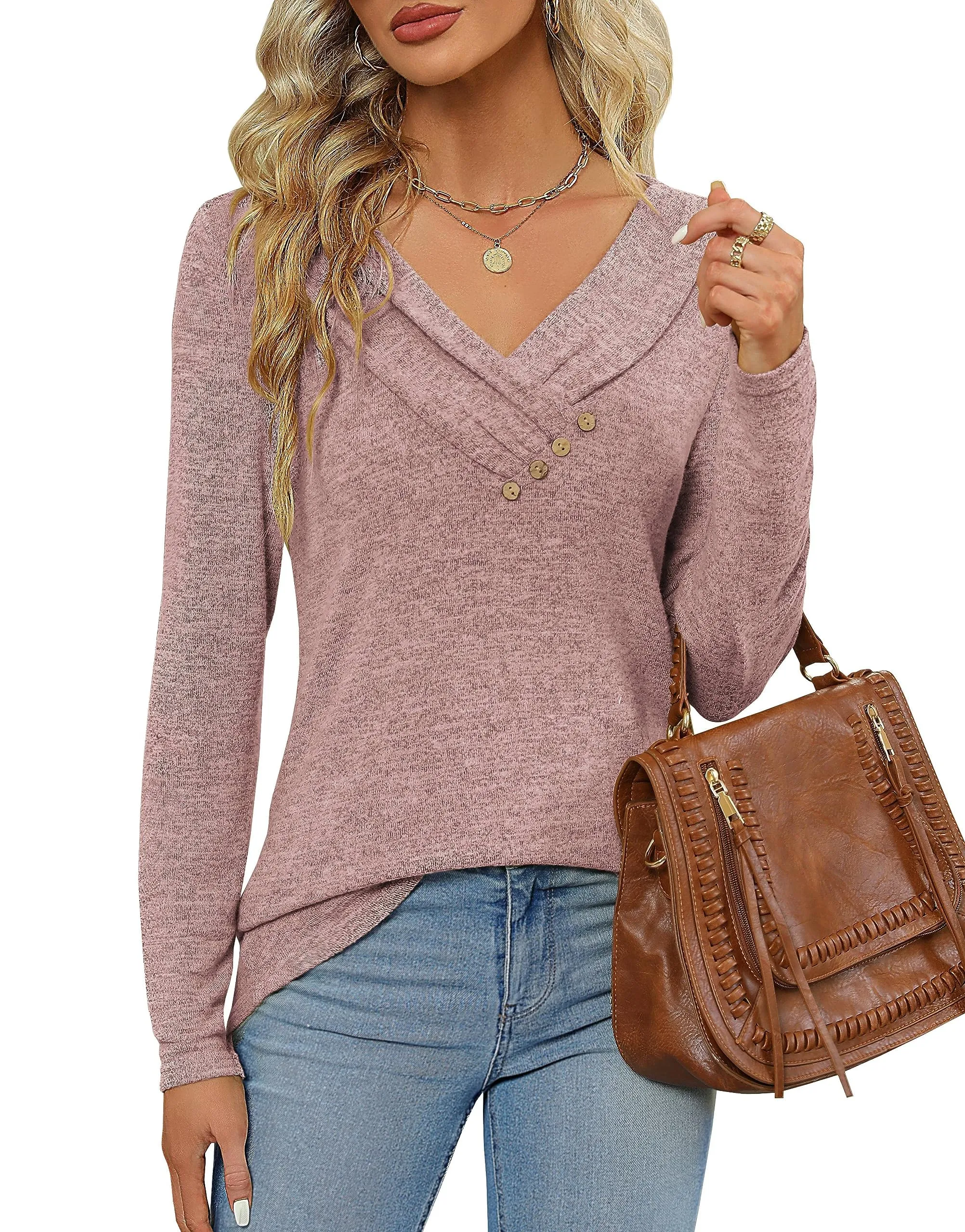 Fisoew Maglia Lunga da Donna a Maniche Lunghe con Scollo a V, Rosa, S - immagine 3