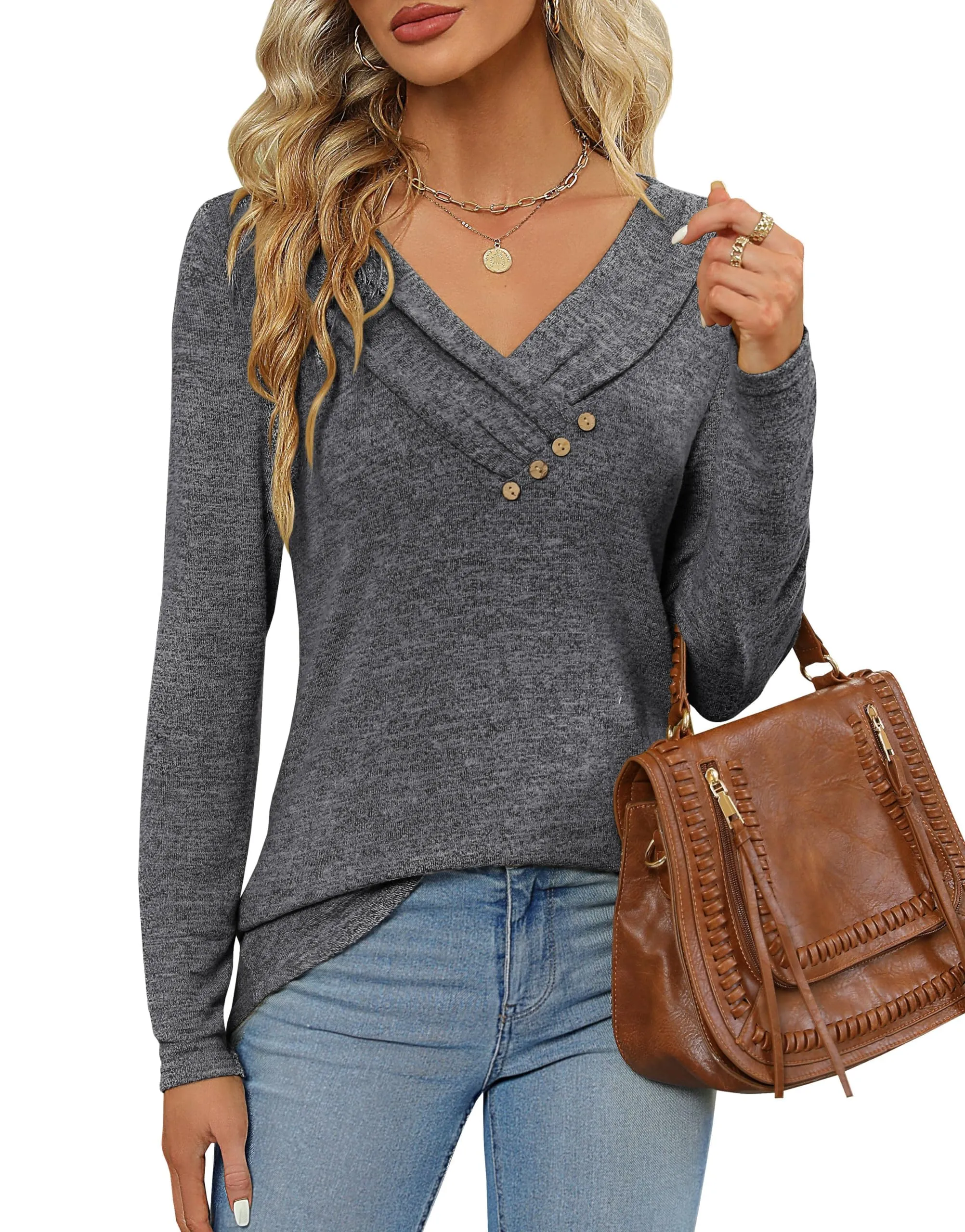Fisoew Maglia Donna a Maniche Lunghe con Scollo a V, Grigio Scuro, L - immagine 3