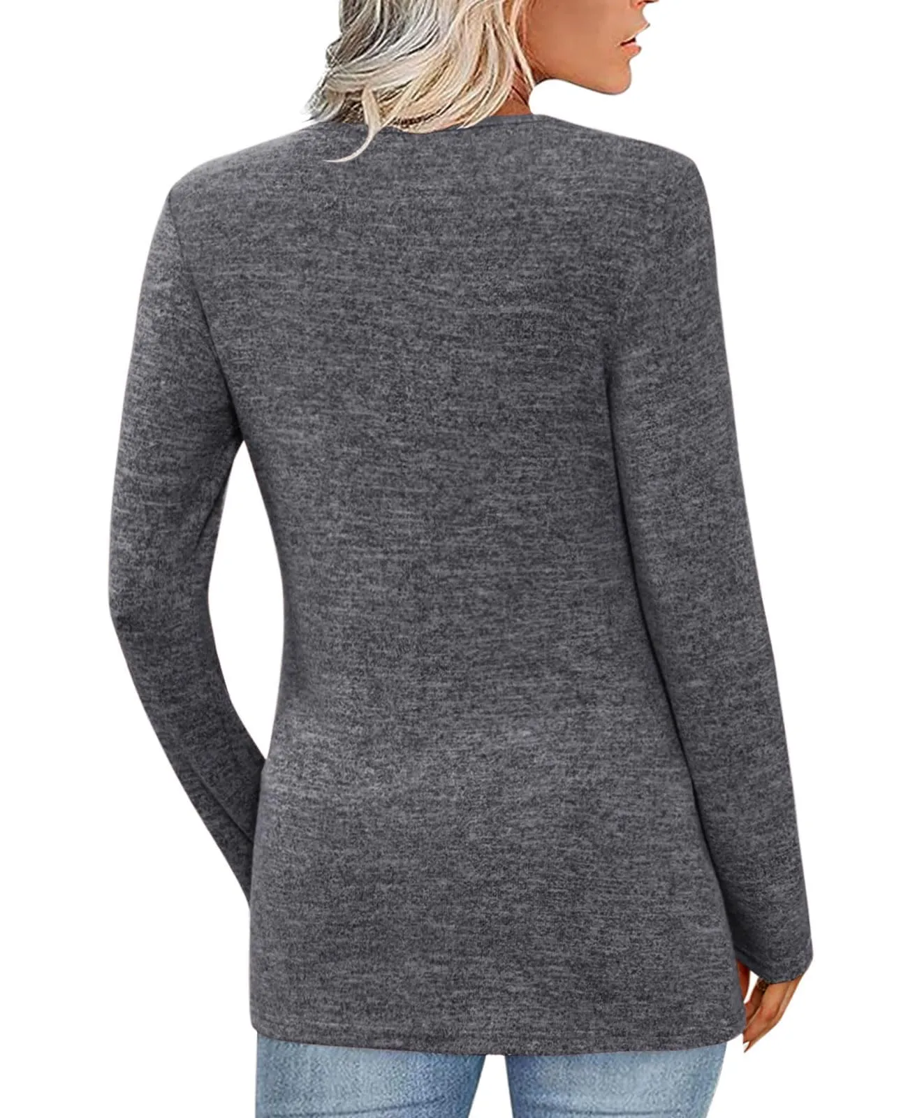 Fisoew Maglia Donna Maniche Lunghe Scollo a V, Grigio Scuro, M - immagine 2