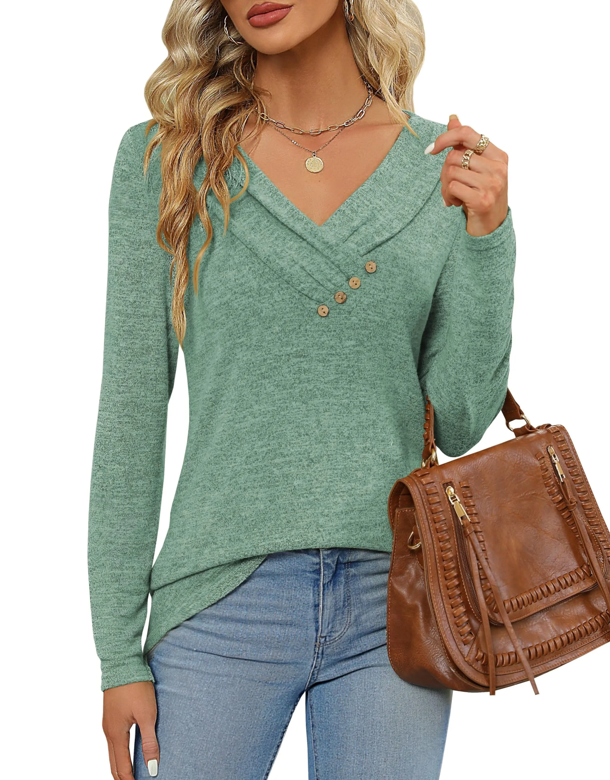 Fisoew Maglia Donna Maniche Lunghe Scollo a V, Verde, XXL - immagine 3