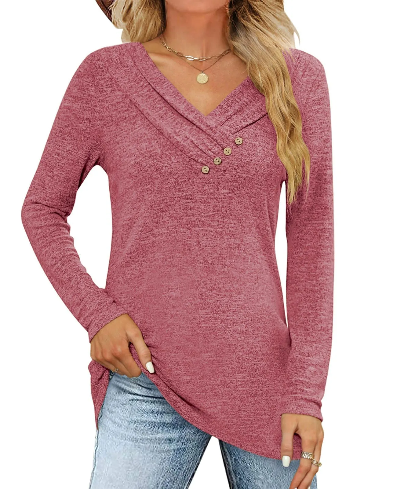 Fisoew Maglia Donna Maniche Lunghe Scollo a V, Rosso, M - immagine 1