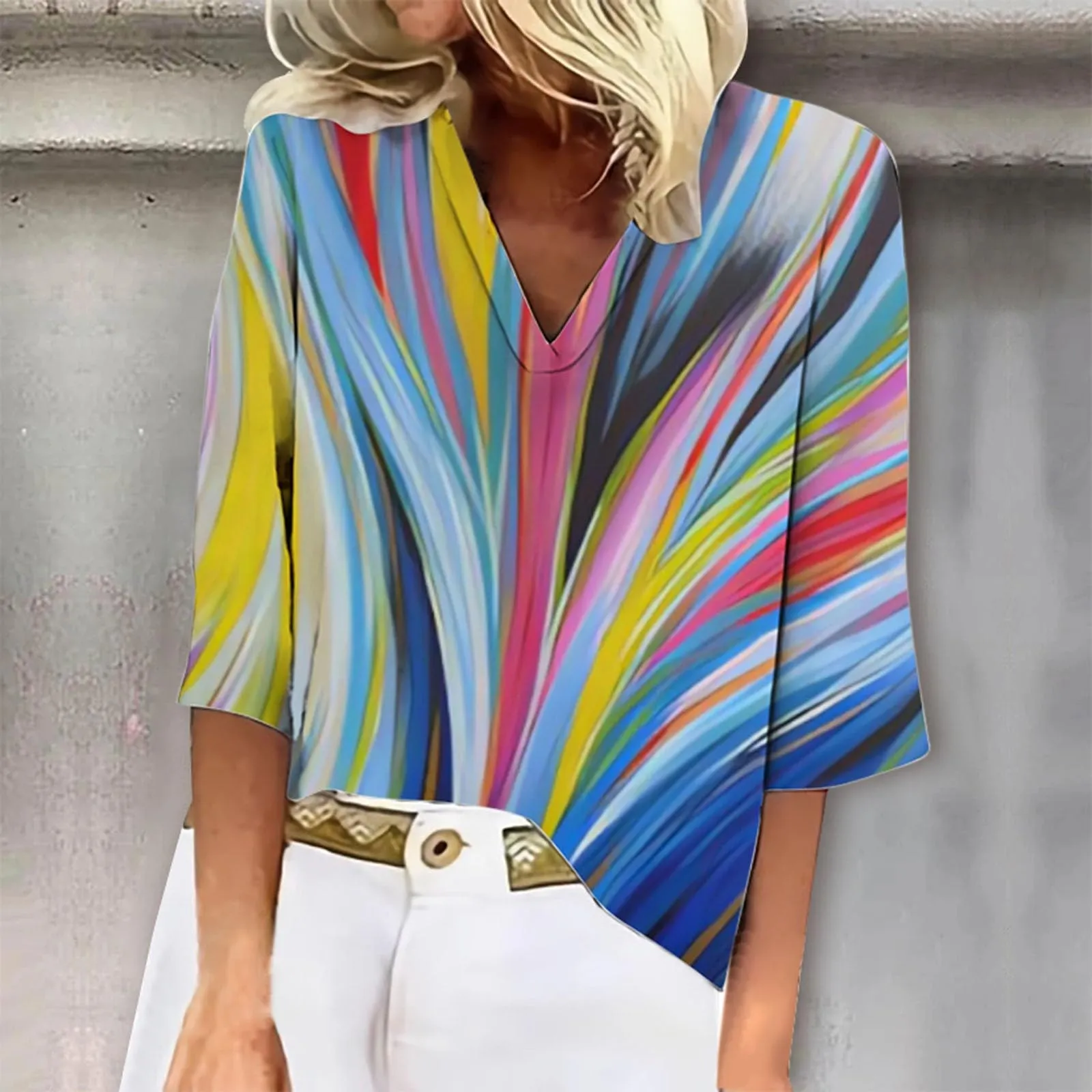Uwdiohq T-Shirt Pullover da Donna con Stampa Floreale, Scollo a V, Maniche a Tre Quarti - immagine 2