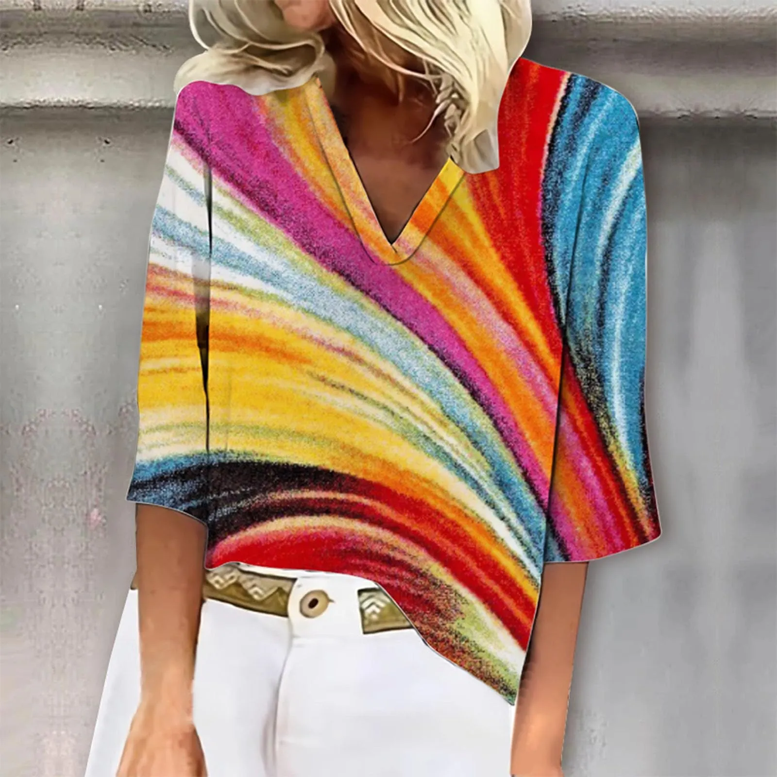 Uwdiohq T-Shirt Pullover da Donna con Stampa Floreale, Scollo a V, Maniche a Tre Quarti - immagine 2