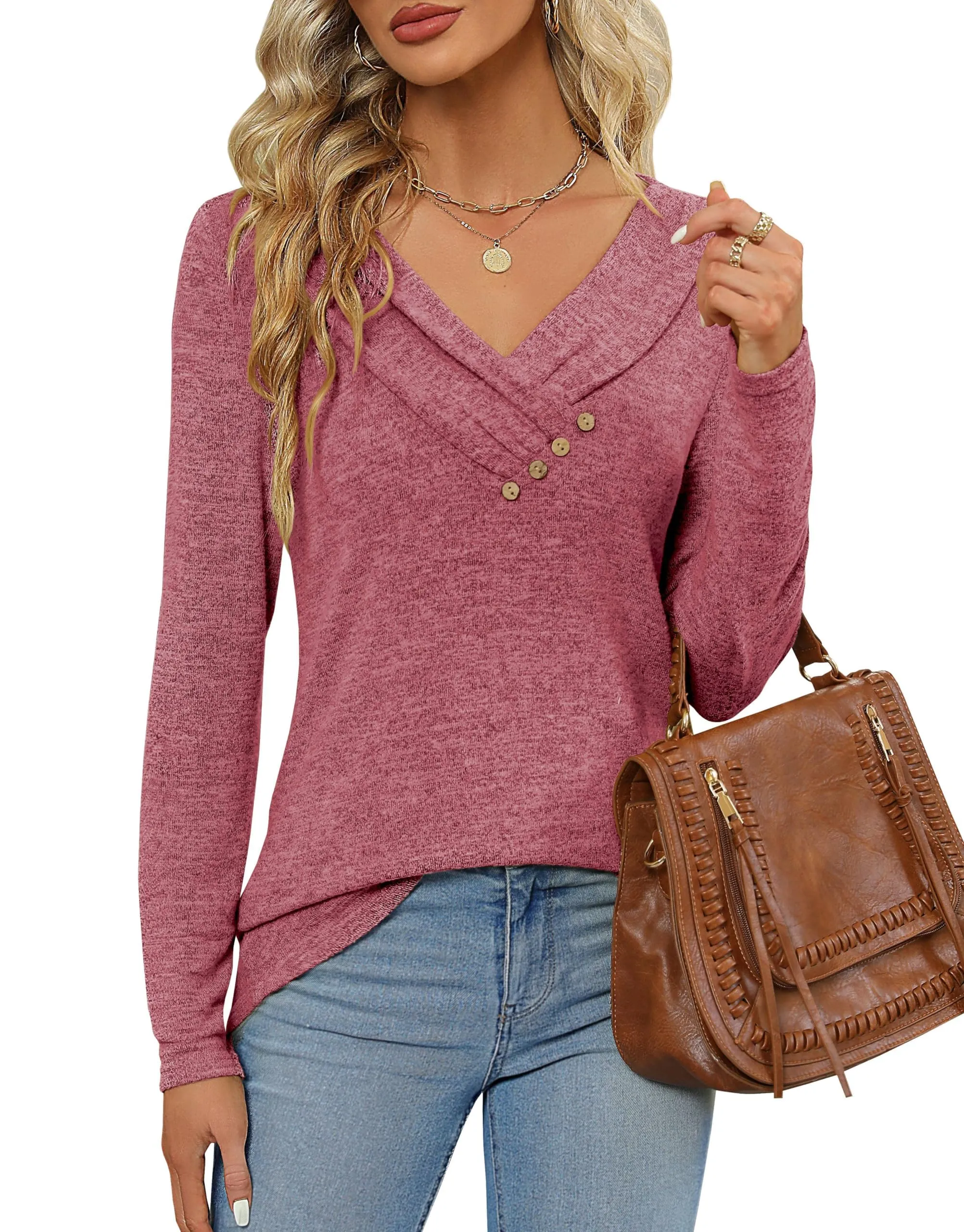 Fisoew Maglia a Maniche Lunghe Donna con Scollo a V, Rosso, L - immagine 3