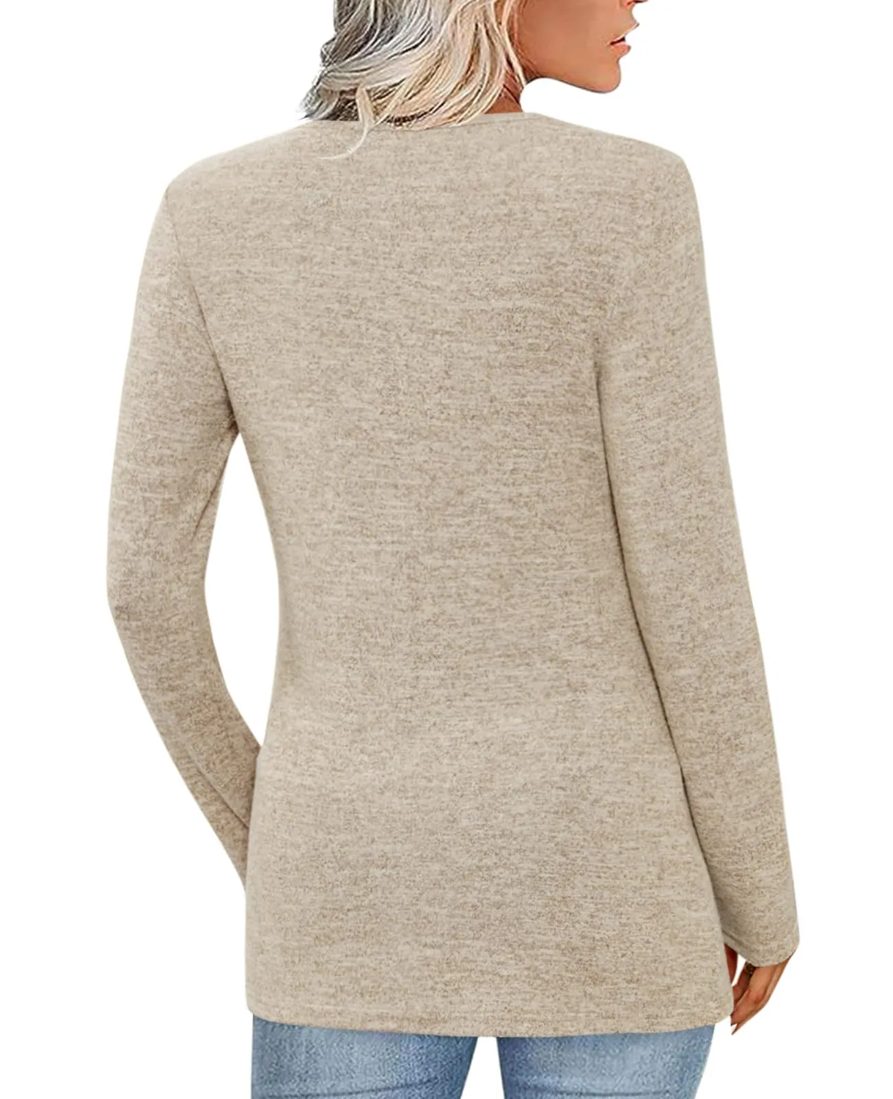 Fisoew Maglia Donna a Maniche Lunghe con Scollo a V, Cachi, XL - immagine 2