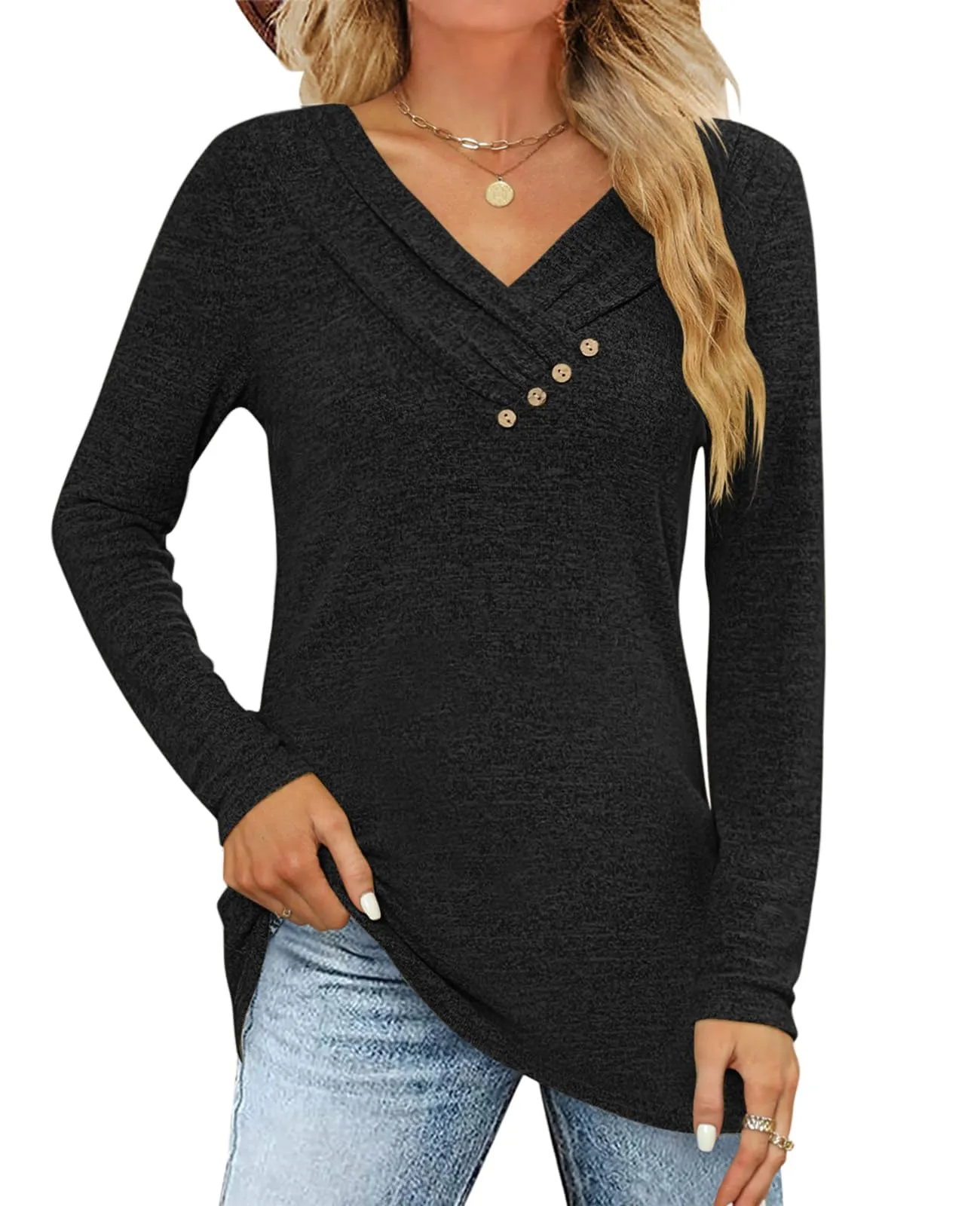 Fisoew Maglia da donna a maniche lunghe con scollo a V, Nero, XL - immagine 1