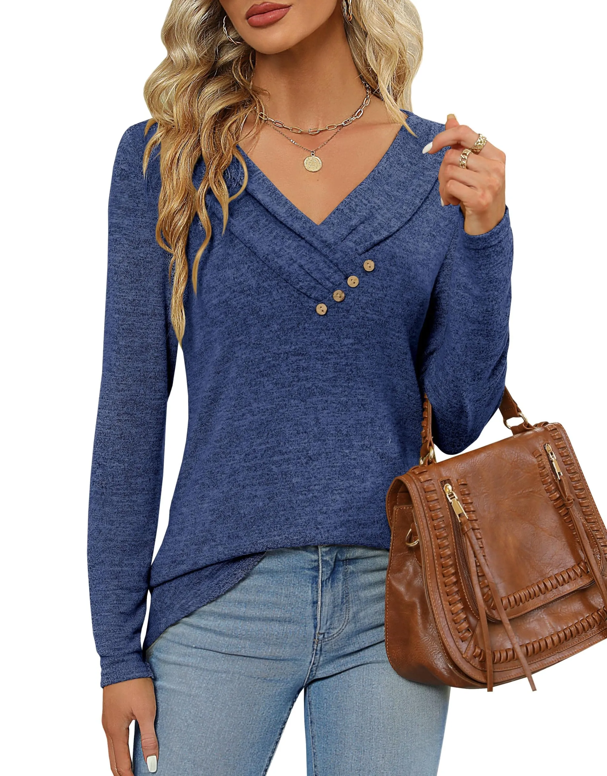 Fisoew Maglia Donna a Maniche Lunghe con Scollo a V, Blu Scuro, L - immagine 3
