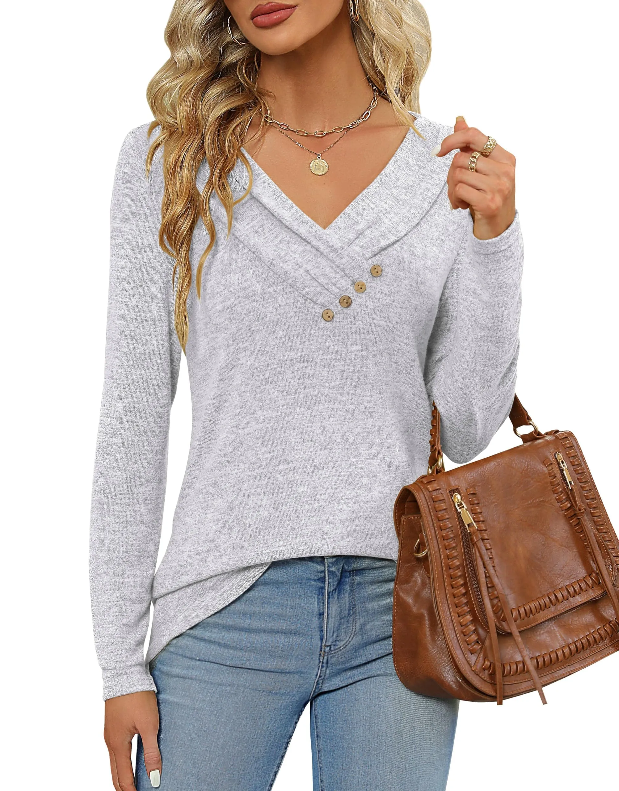 Fisoew Maglia a Maniche Lunghe con Scollo a V, Grigio Chiaro, XXL - immagine 3