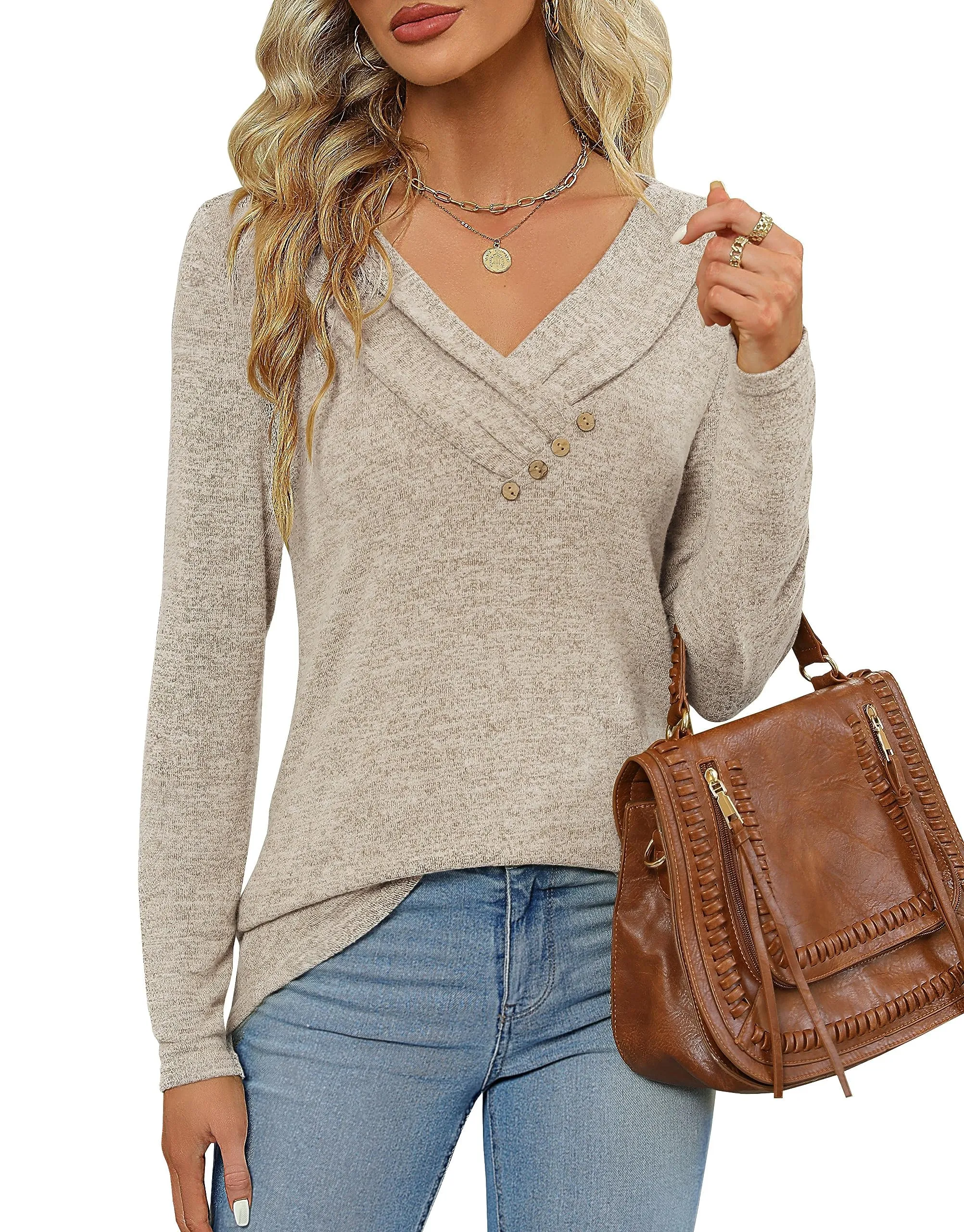Fisoew Maglia Donna a Maniche Lunghe con Scollo a V, Cachi, M - immagine 3