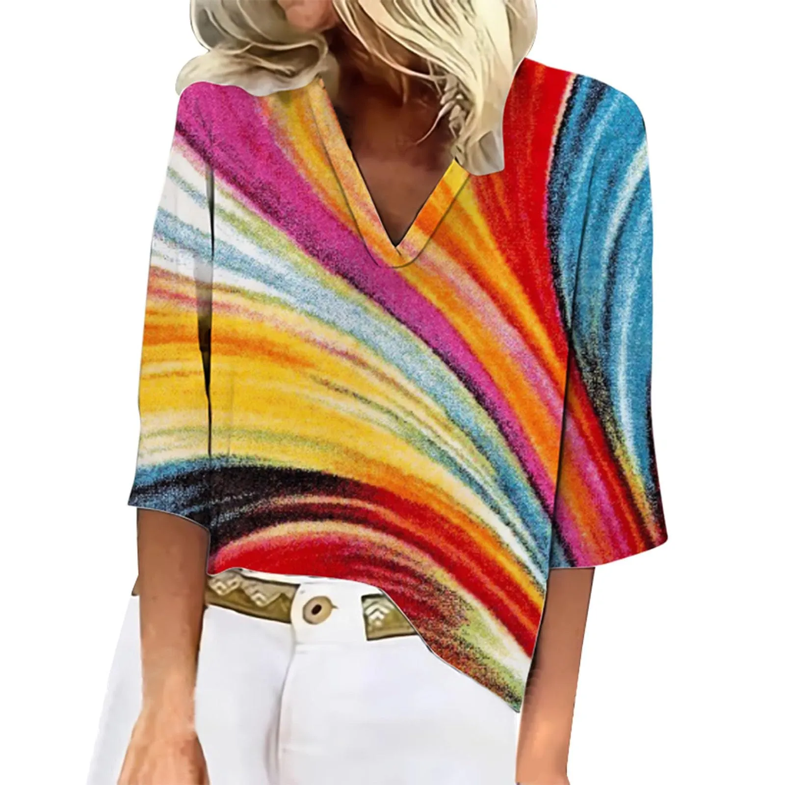 Uwdiohq T-Shirt Pullover da Donna con Stampa Floreale, Scollo a V, Maniche a Tre Quarti - immagine 3