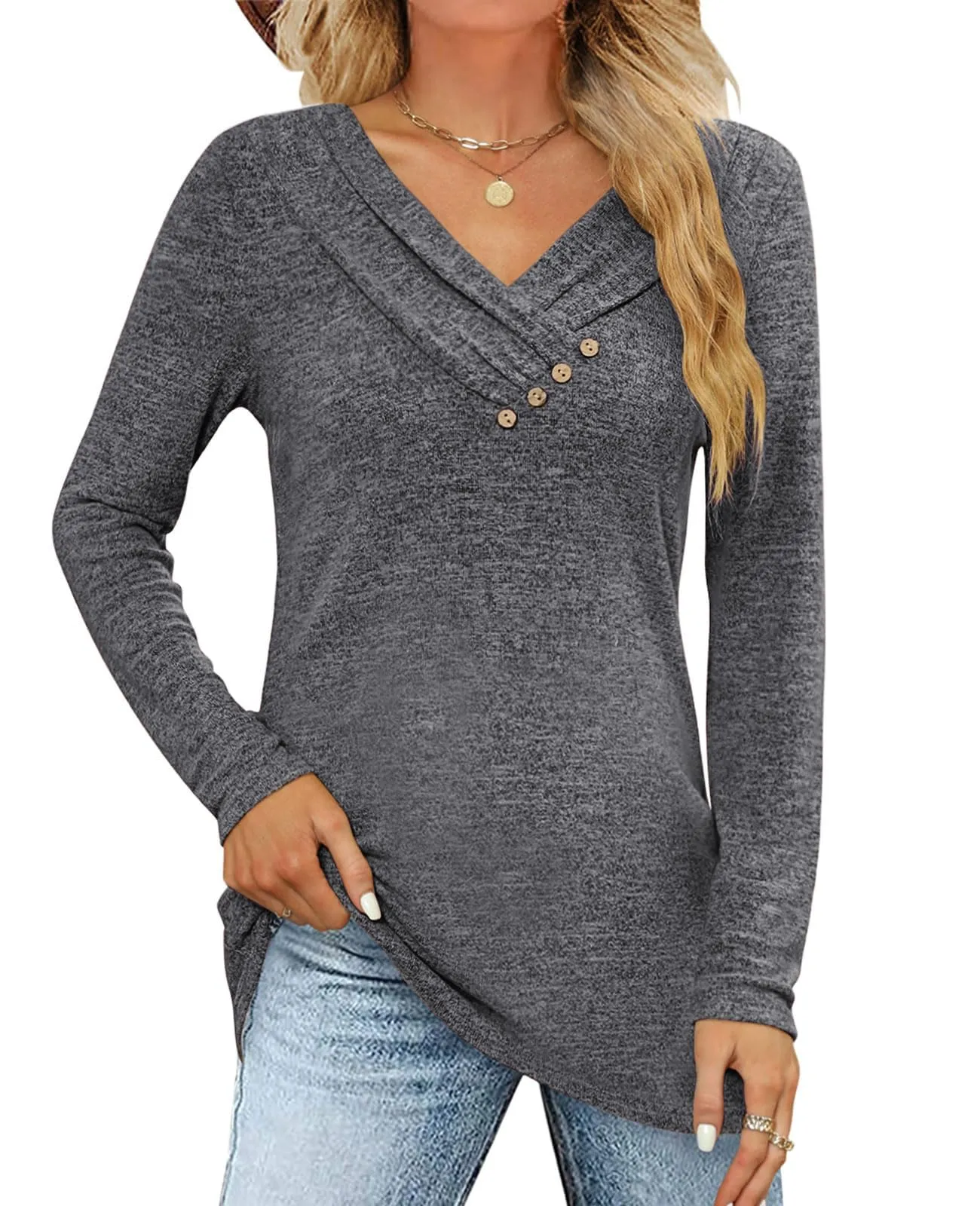 Fisoew Maglia a Maniche Lunghe con Scollo a V, Grigio Scuro, XL - immagine 1