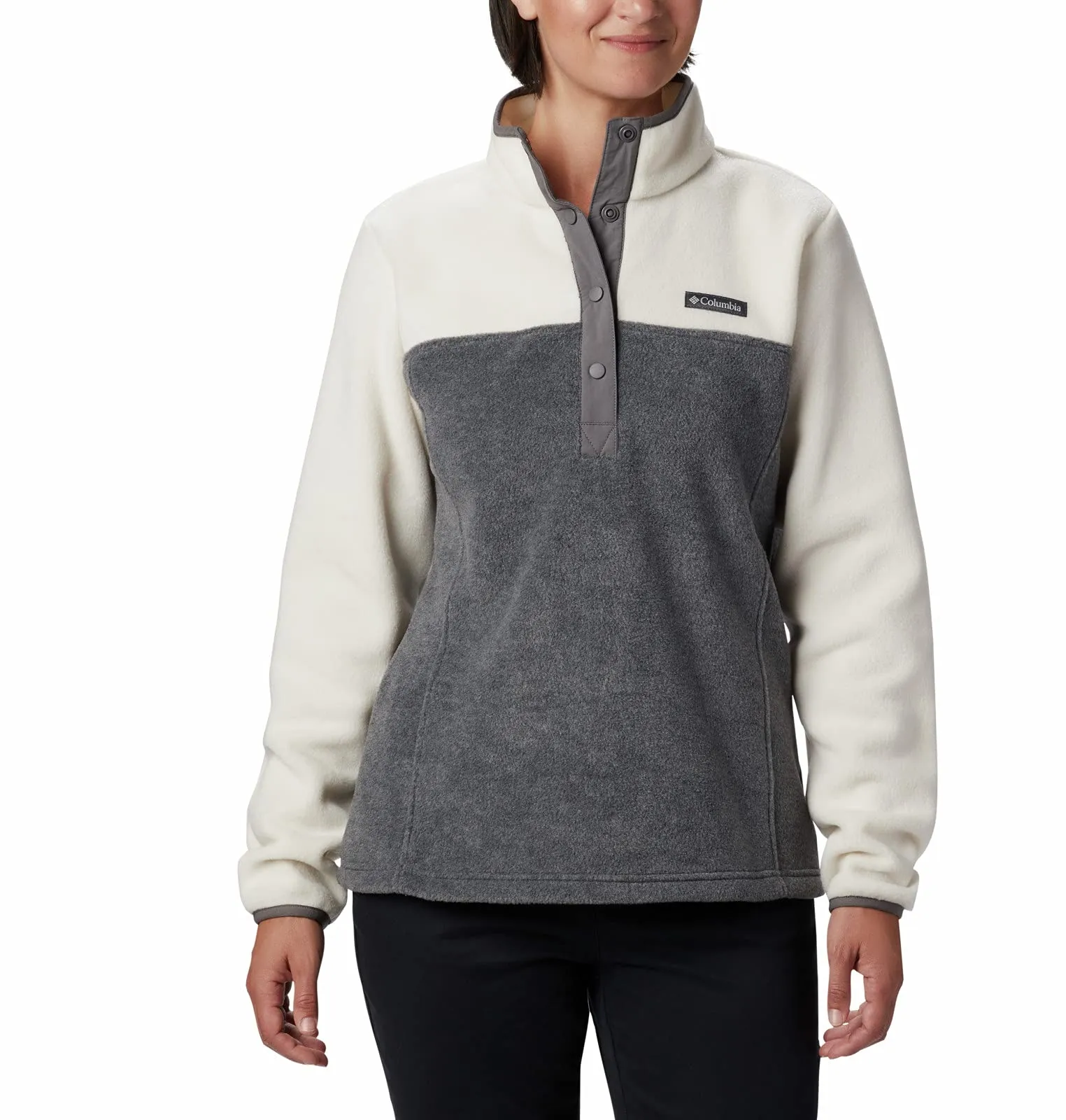 Columbia Benton Springs Donna Maglione in Pile con Chiusura a Scatto, City Grey Heather/Chalk, 2X - immagine 2