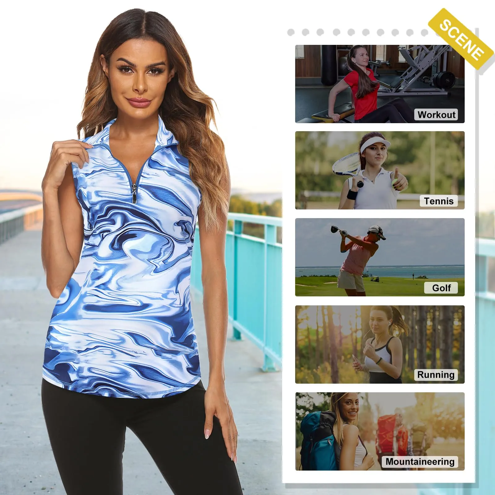 Koscacy Canotte da Golf da Donna con Cerniera, Stampa Blu, XXL - immagine 4