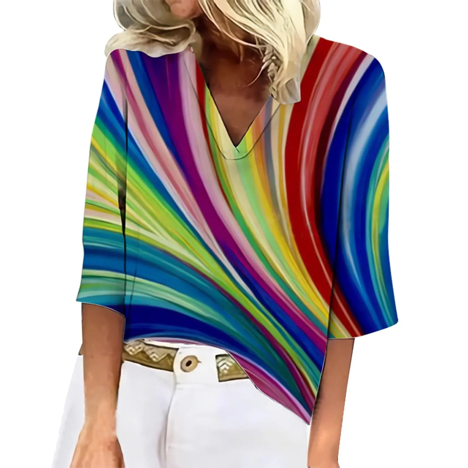 Uwdiohq T-Shirt Pullover da Donna con Stampa Floreale e Scollo a V, Top Casual con Maniche a Tre Quarti - immagine 3