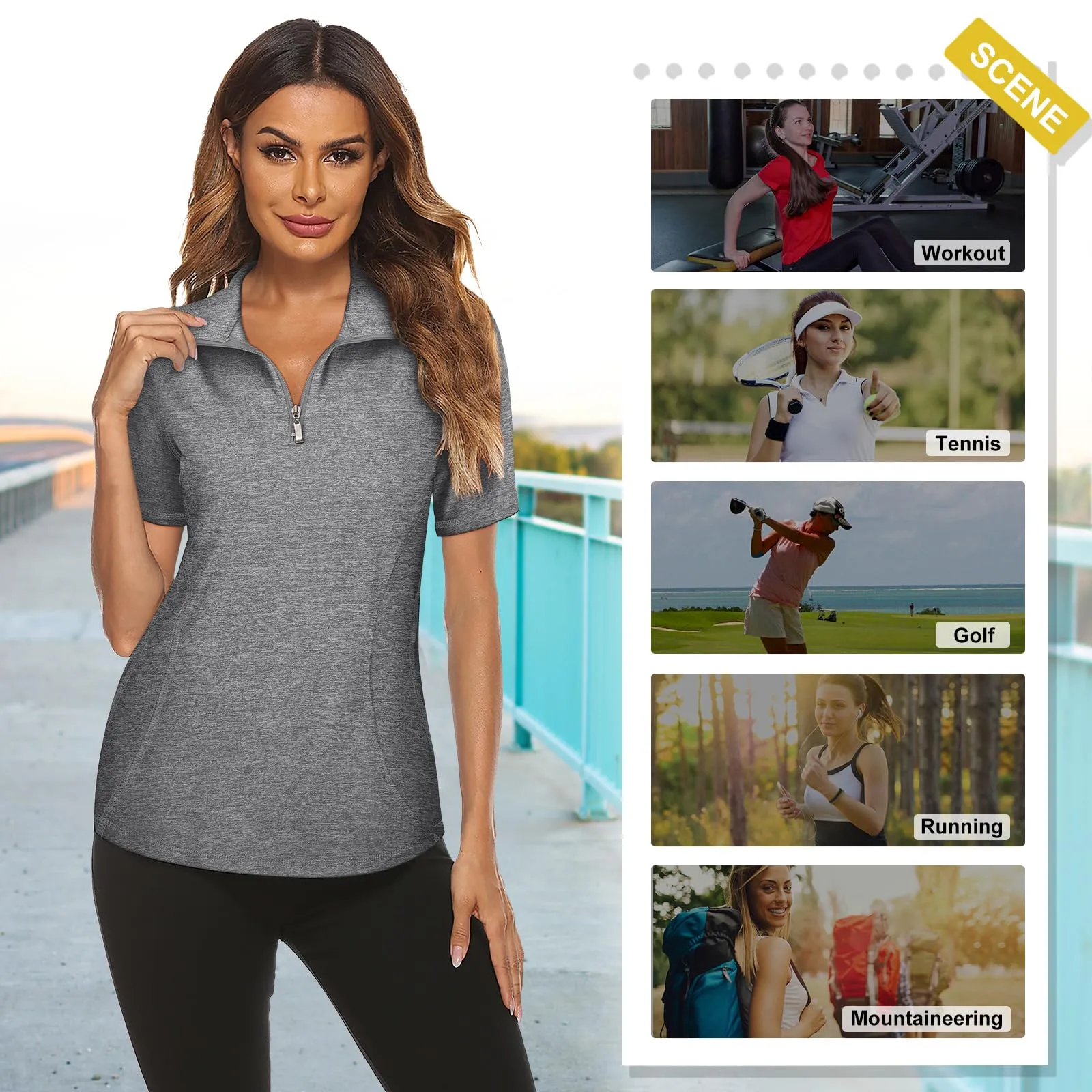 Koscacy Polo da Donna Senza Maniche per Golf e Tennis con Cerniera, Grigio, M - immagine 3