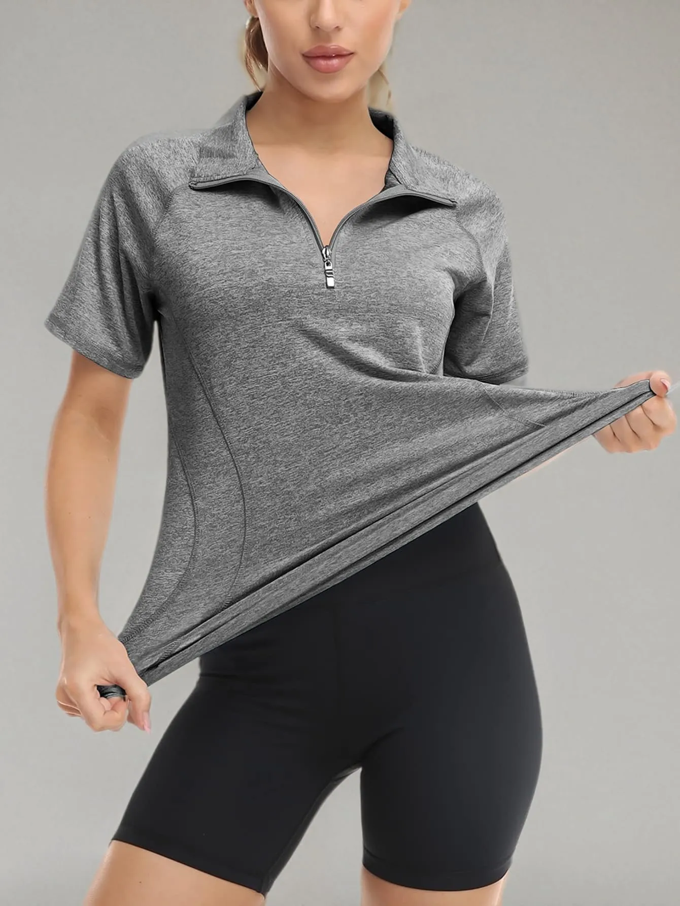 Koscacy Polo da Donna Senza Maniche per Golf e Tennis con Cerniera, Grigio, M - immagine 7