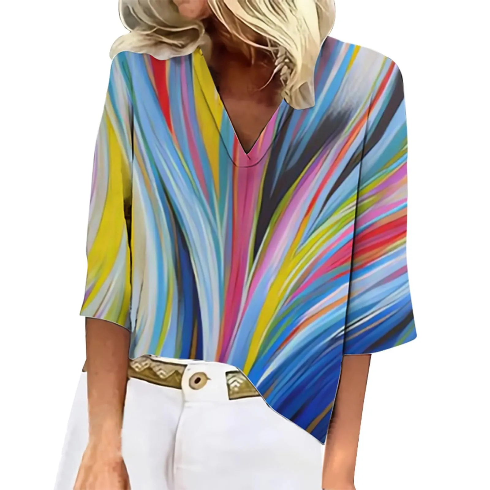 Uwdiohq T-Shirt Pullover da Donna con Stampa Floreale e Scollo a V, Top Casual con Maniche a Tre Quarti - immagine 1
