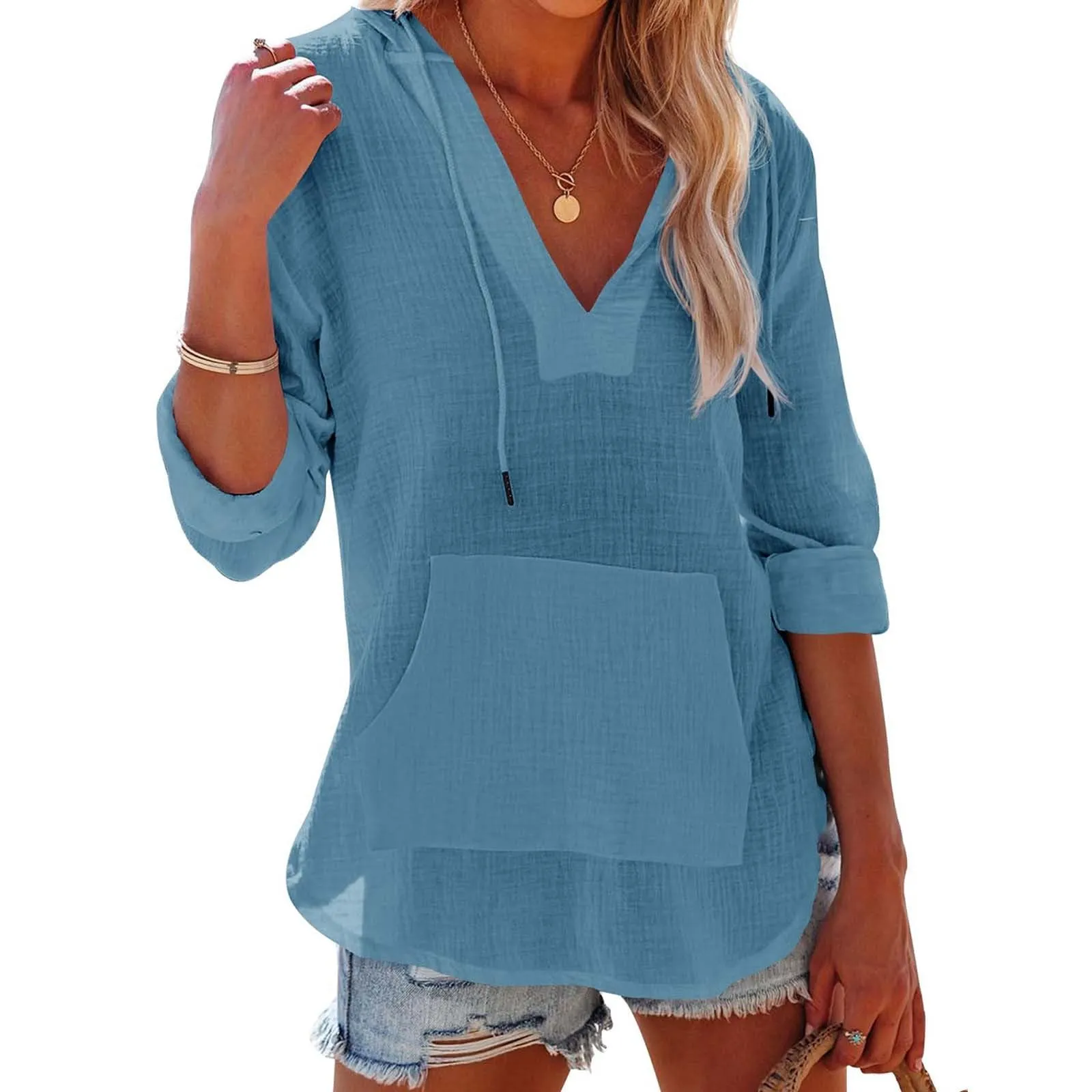 Cocila Maglietta da Donna in Cotone e Lino con Cappuccio, Maniche Lunghe, Scollo a V e Tasca (Sky Blue, XXL) - immagine 2