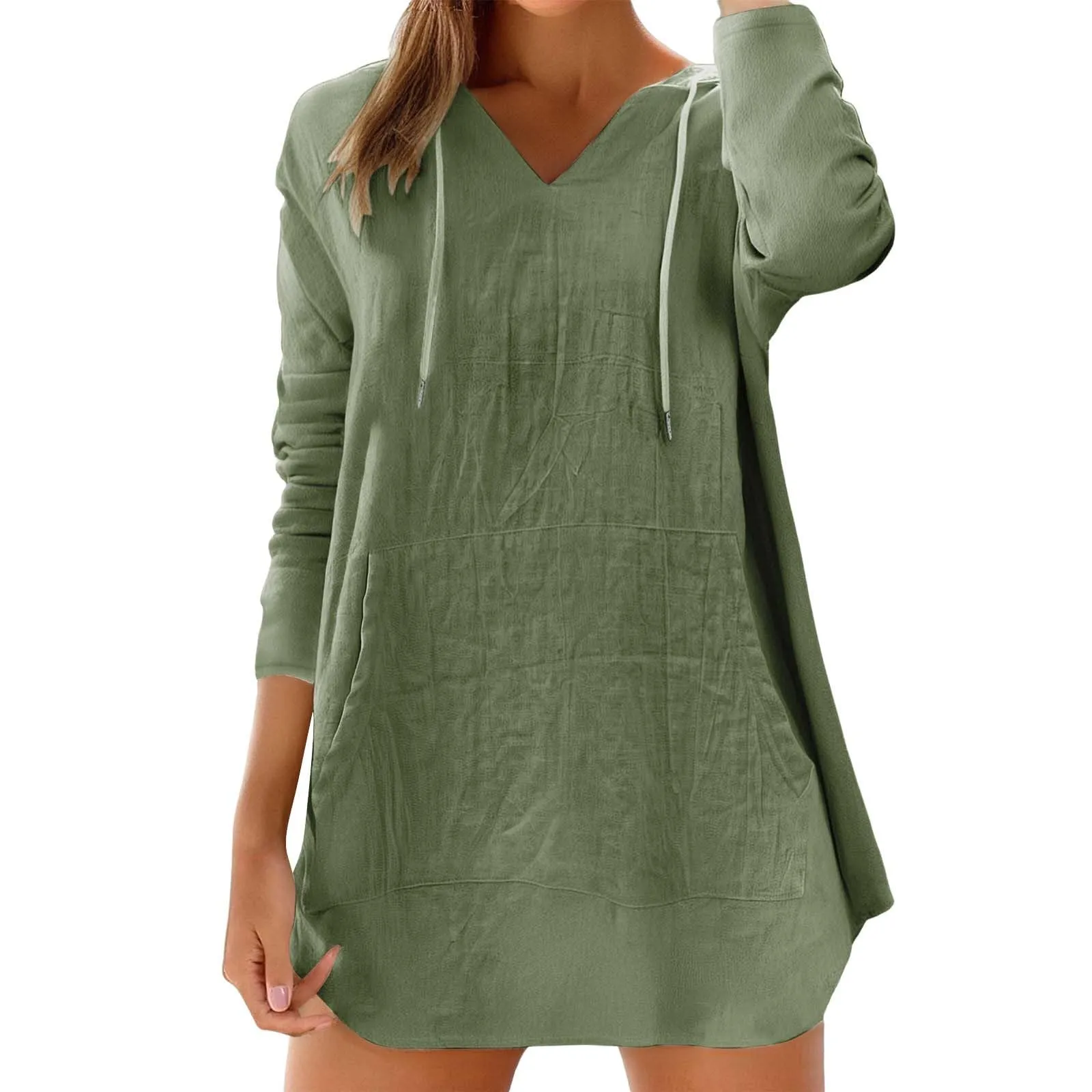 Cocila Maglietta da Donna in Cotone e Lino con Cappuccio, Scollo a V e Tasca, Maniche Lunghe (Green, M) - immagine 1
