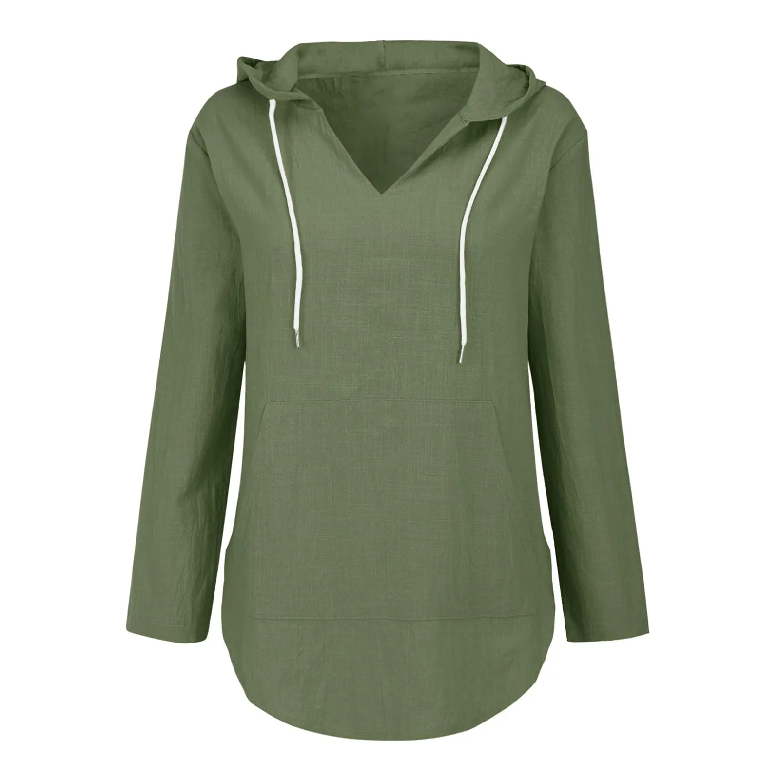 Cocila Maglietta da Donna in Cotone e Lino con Cappuccio, Scollo a V e Tasca, Maniche Lunghe (Green, M) - immagine 7