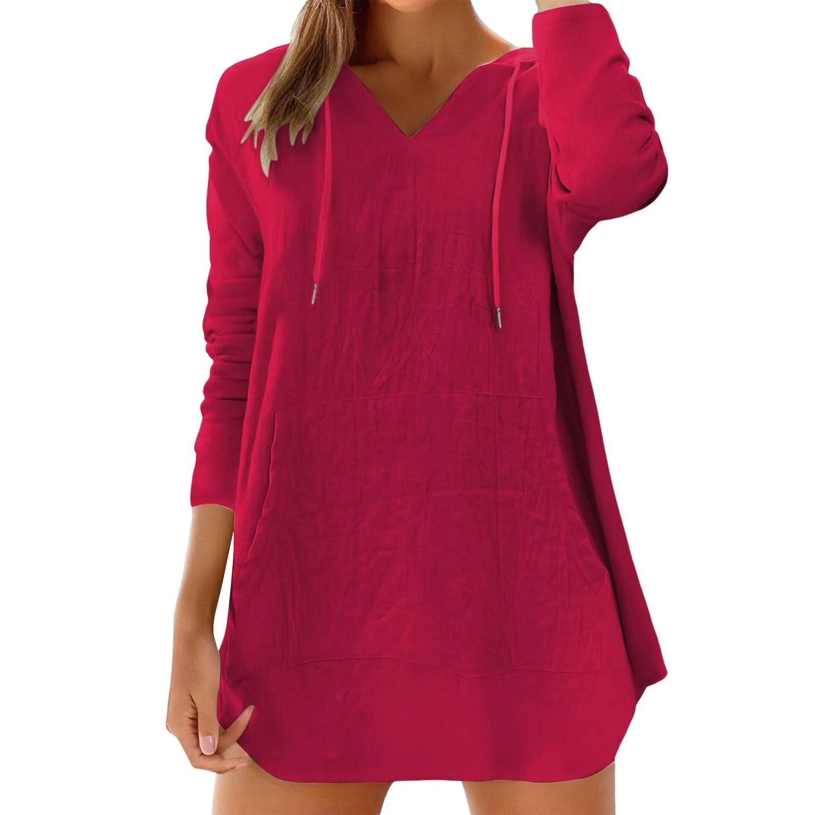 Cocila Maglietta da Donna in Cotone e Lino con Cappuccio, Scollo a V e Tasca Grande, Maniche Lunghe (Red, S) - immagine 3
