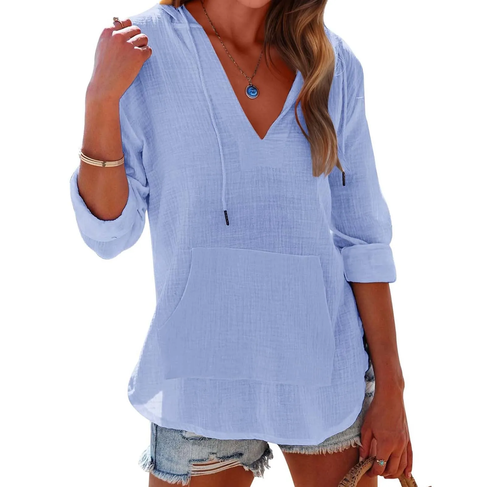 Cocila Maglietta da Donna in Cotone e Lino con Cappuccio, Maniche Lunghe, Scollo a V e Tasca Grande (Light Blue, XL) - immagine 2