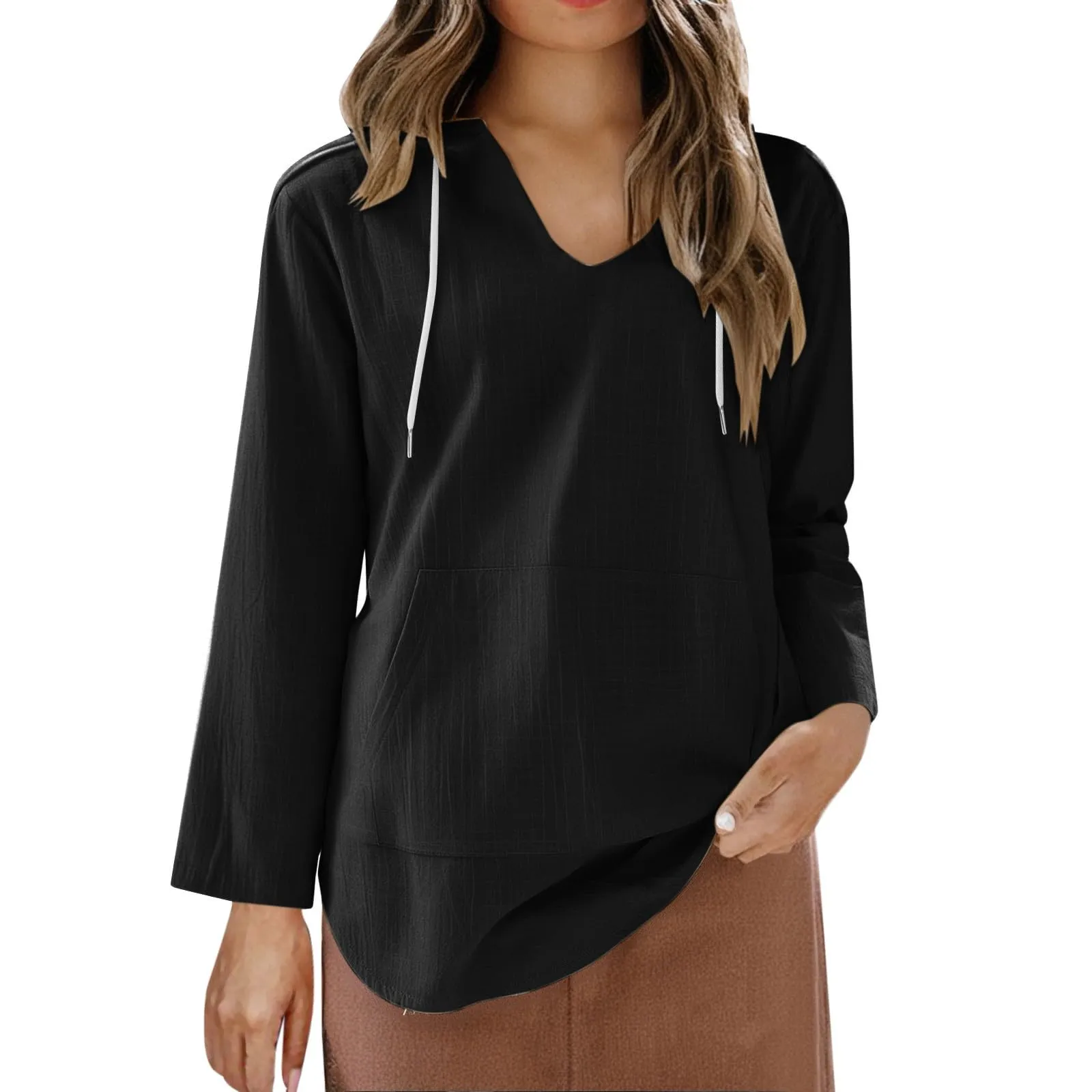 Cocila Maglietta da Donna in Cotone e Lino con Cappuccio, Maniche Lunghe e Scollo a V, Nero, L - immagine 4