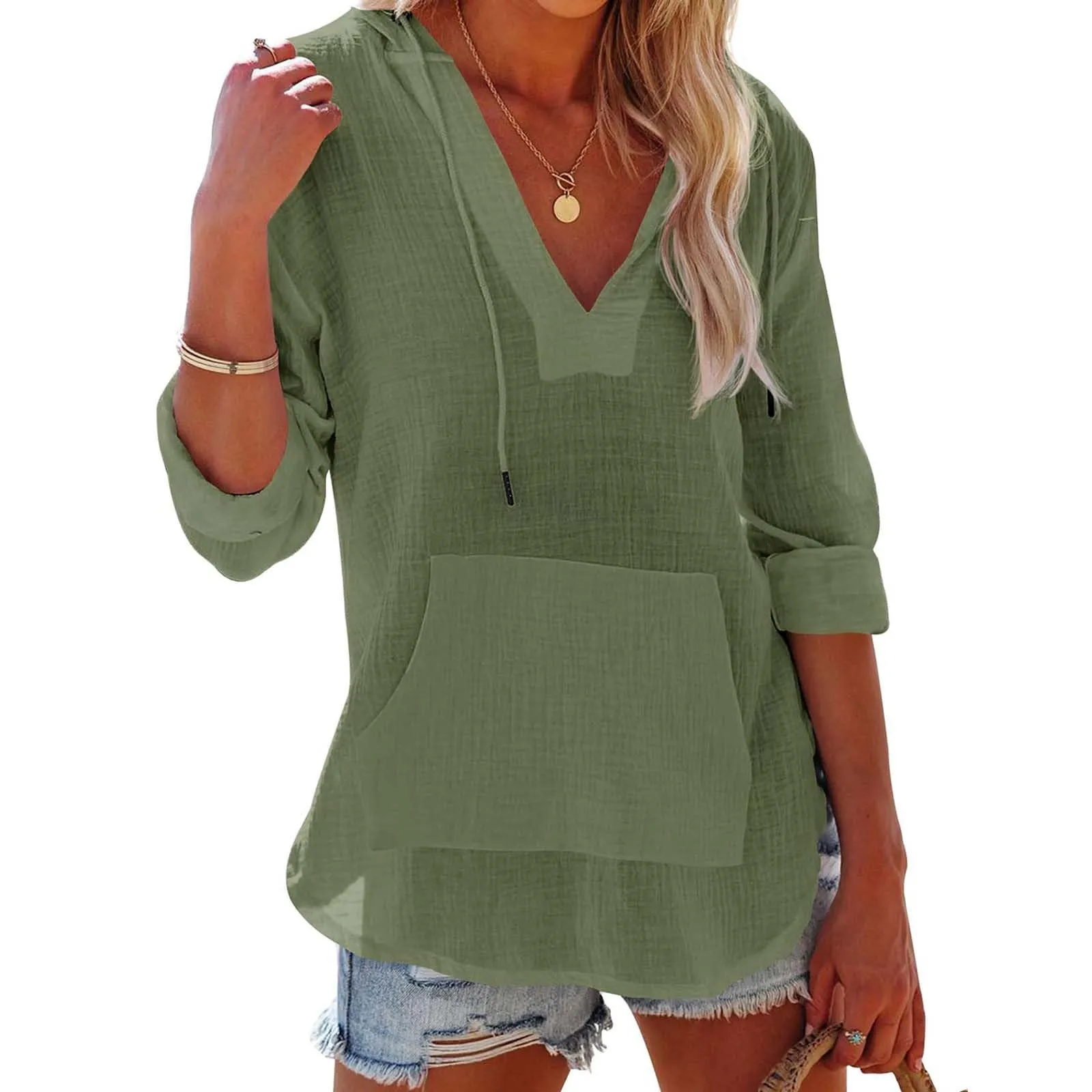 Cocila Maglietta da Donna in Cotone e Lino con Cappuccio, Maniche Lunghe e Scollo a V, Green, XXL - immagine 2