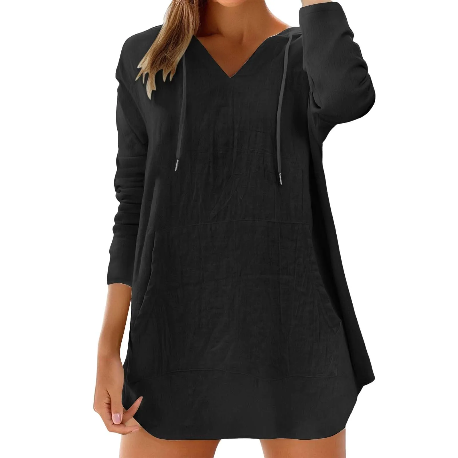 Cocila Maglietta da Donna in Cotone e Lino con Cappuccio, Scollo a V e Tasca, Nero, M - immagine 1