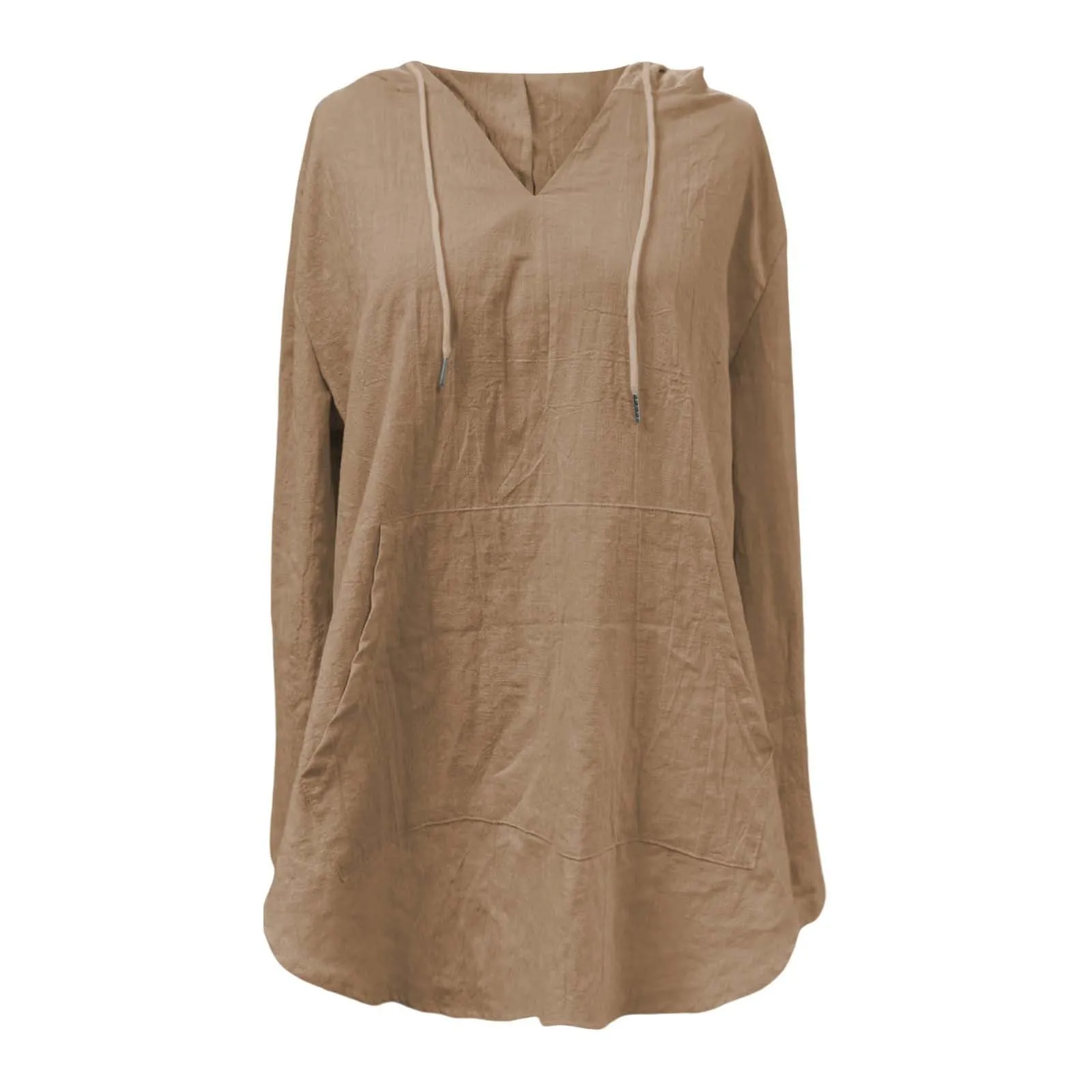 Cocila Maglietta da Donna in Cotone e Lino con Cappuccio a Maniche Lunghe, Scollo a V e Tasca (Khaki, S) - immagine 4