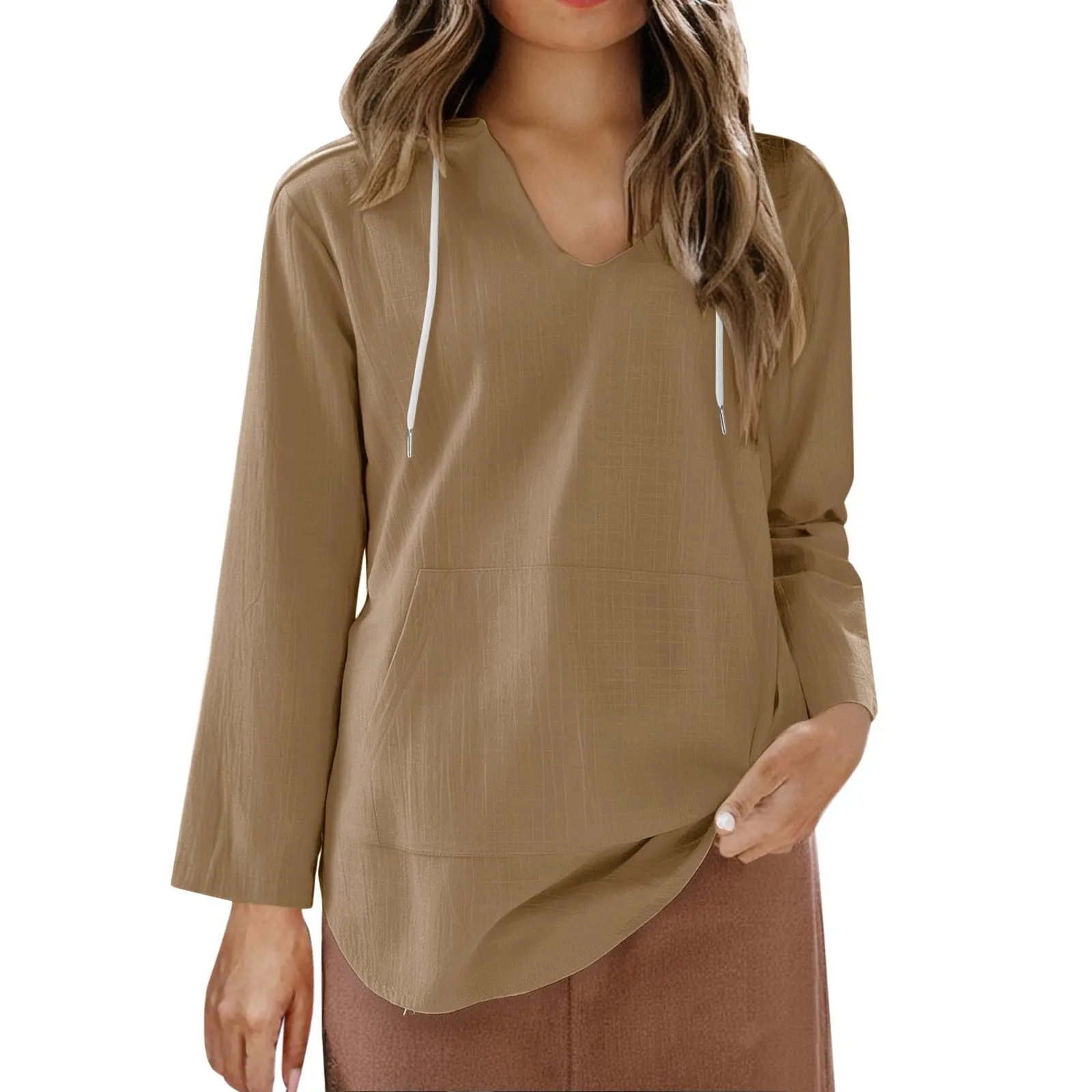 Cocila Maglietta da Donna in Cotone e Lino con Cappuccio a Maniche Lunghe, Scollo a V e Tasca (Khaki, S) - immagine 7