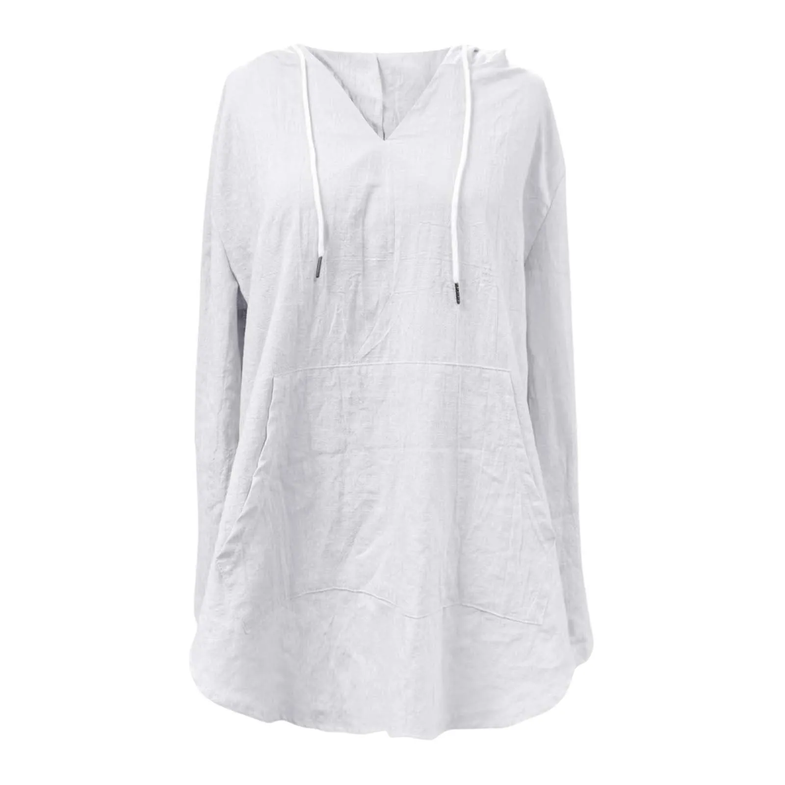 Cocila Maglietta da Donna in Cotone e Lino con Cappuccio a Maniche Lunghe, Scollo a V e Tasca (White, XXL) - immagine 4