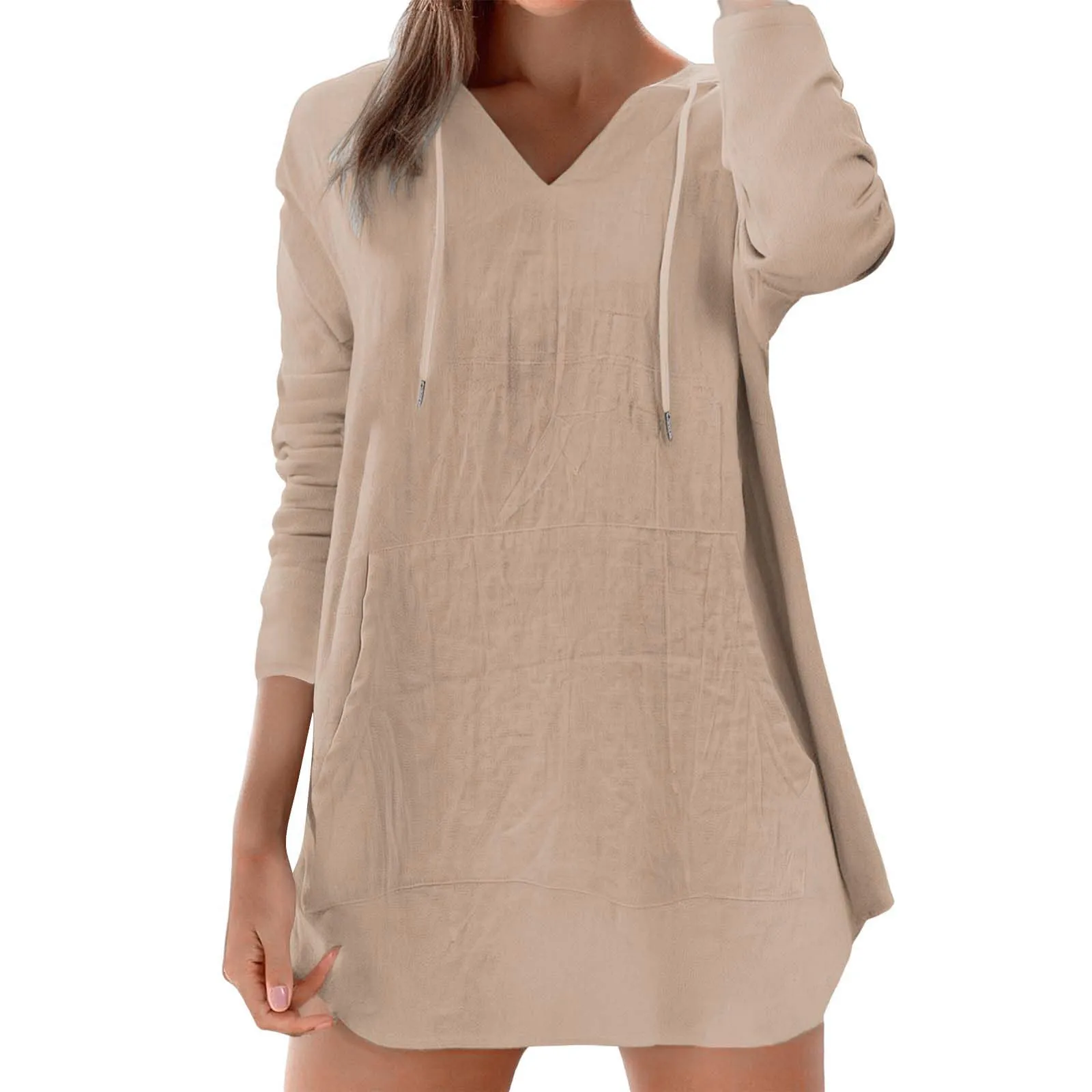 Cocila Maglietta da Donna in Cotone e Lino con Cappuccio, Maniche Lunghe e Scollo a V, Beige, S - immagine 3