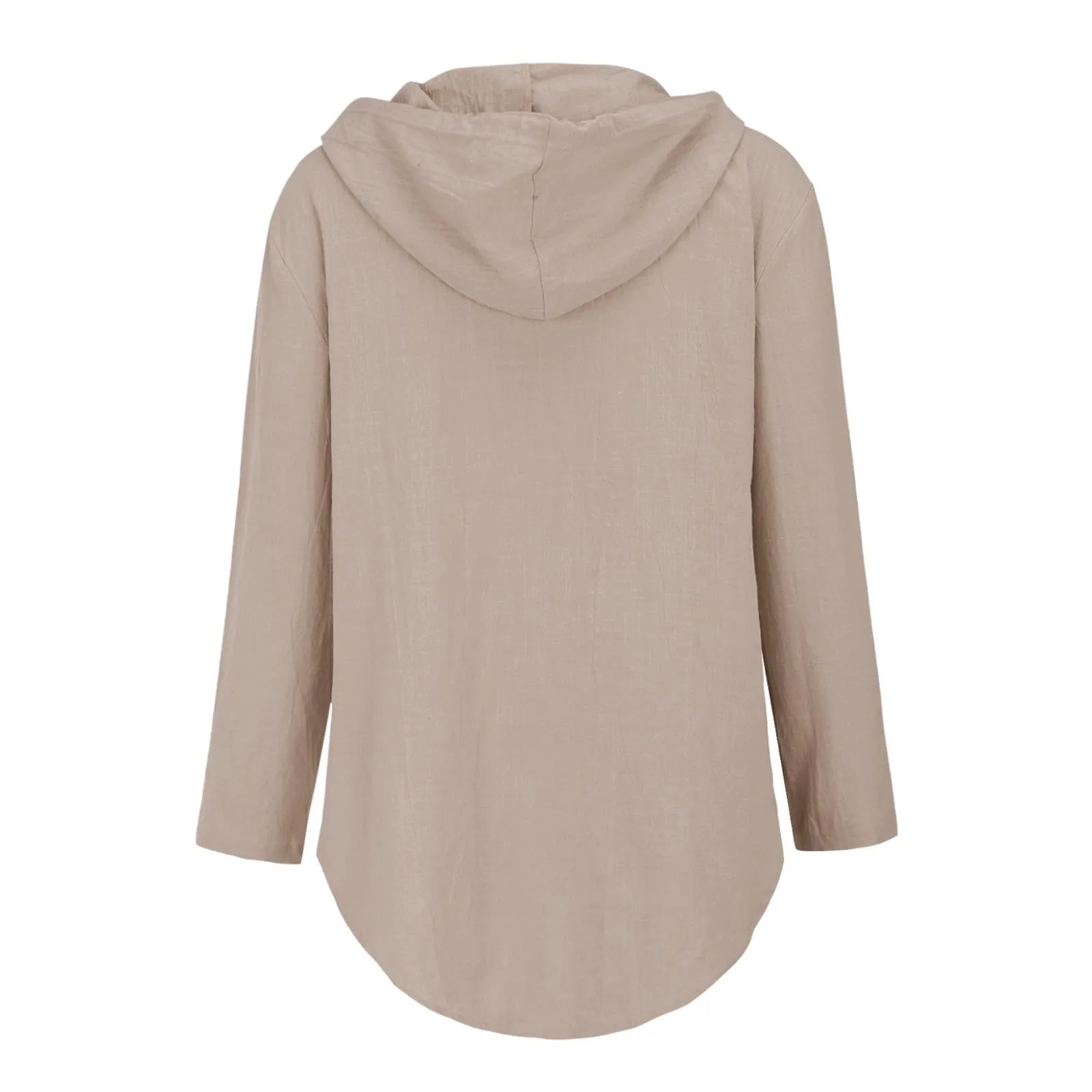 Cocila Maglietta da Donna in Cotone e Lino con Cappuccio, Maniche Lunghe e Scollo a V, Beige, S - immagine 5