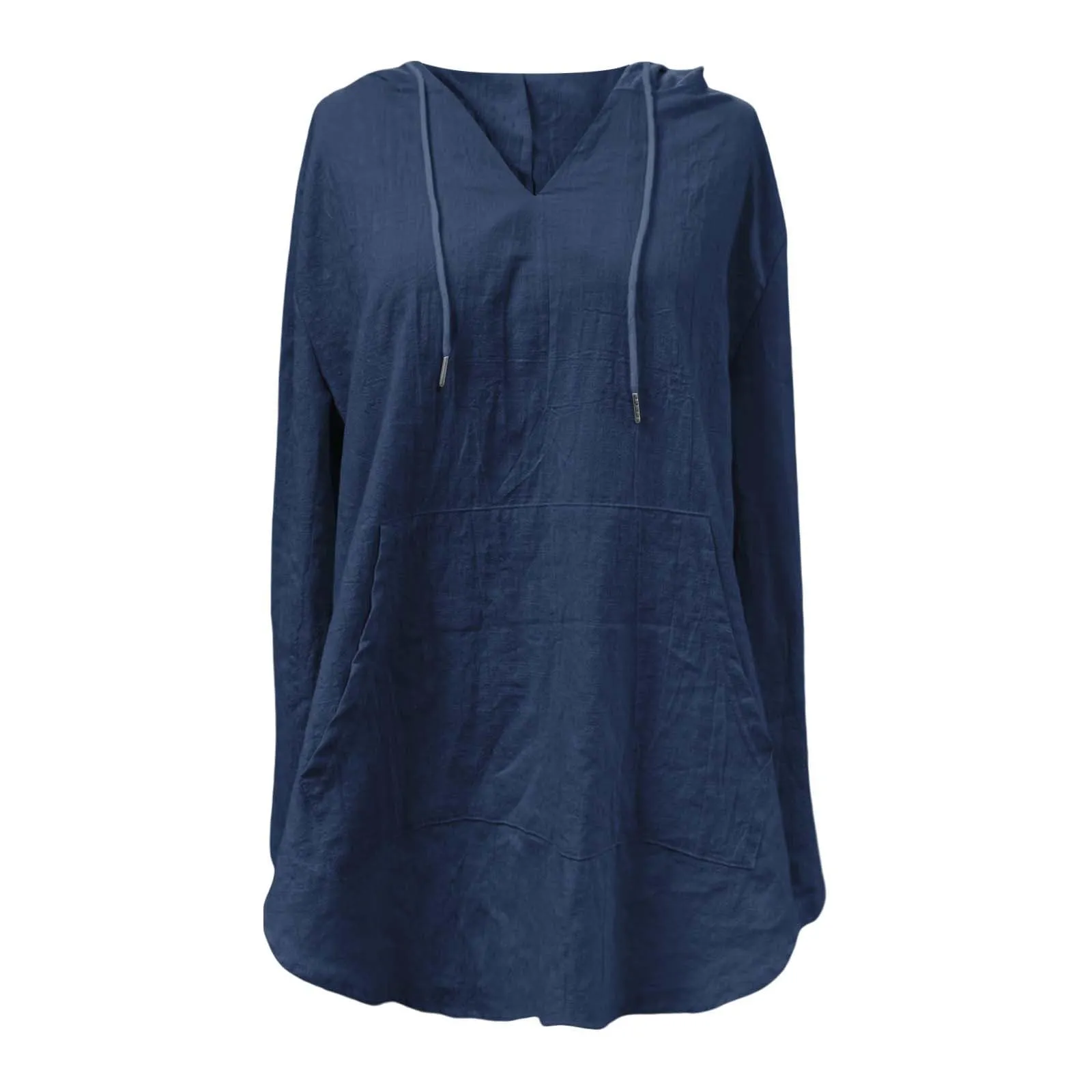Cocila Maglietta da Donna in Cotone e Lino con Cappuccio, Maniche Lunghe, Scollo a V e Tasca (Navy, M) - immagine 4