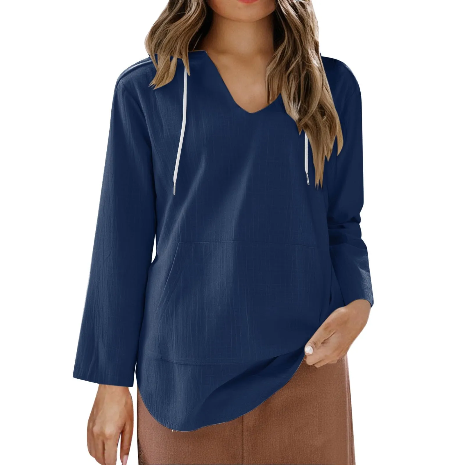 Cocila Maglietta da Donna in Cotone e Lino con Cappuccio, Maniche Lunghe, Scollo a V e Tasca (Navy, M) - immagine 7